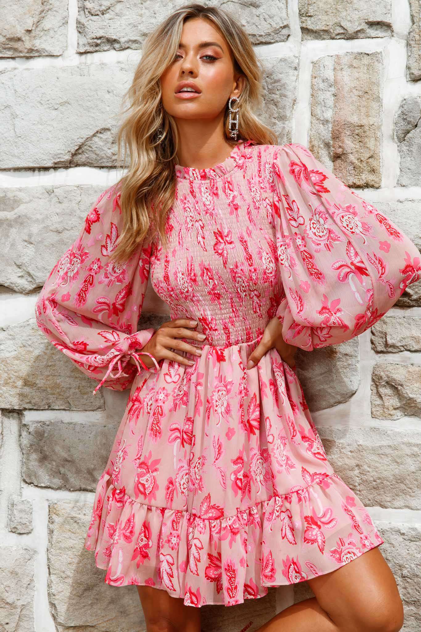 long sleeve floral dress australia Marja Long Balloon Sleeve Shirred Dress Floral Print Pink