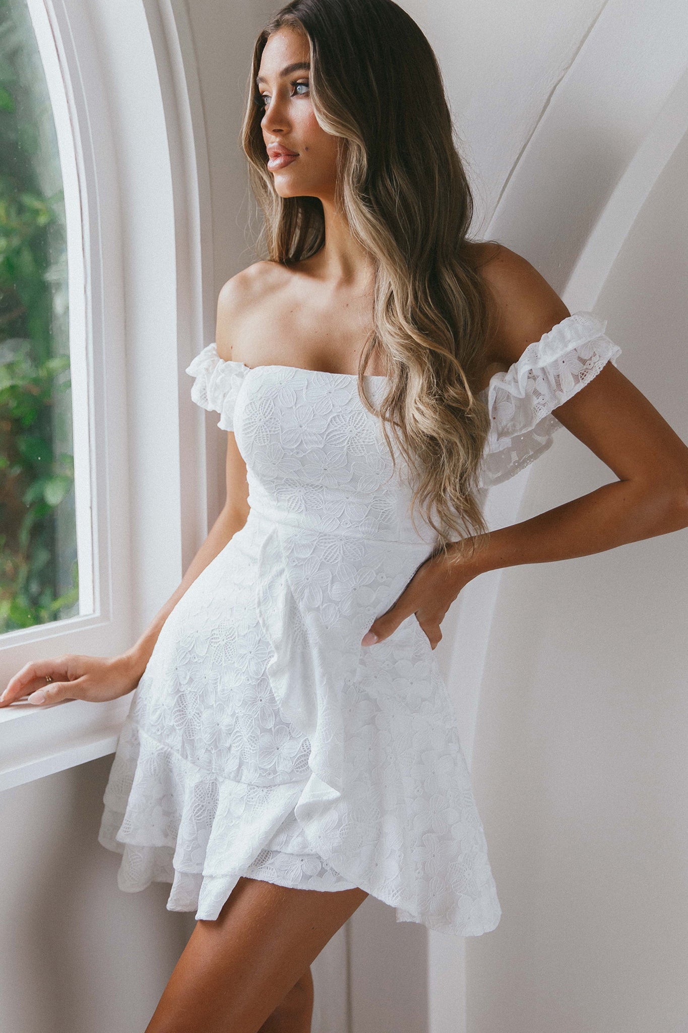 Verona Off-Shoulder Ruffle Mini Dress White | Selfie Leslie Australia Verona Off-Shoulder Ruffle Mini Dress White | Selfie Leslie Australia