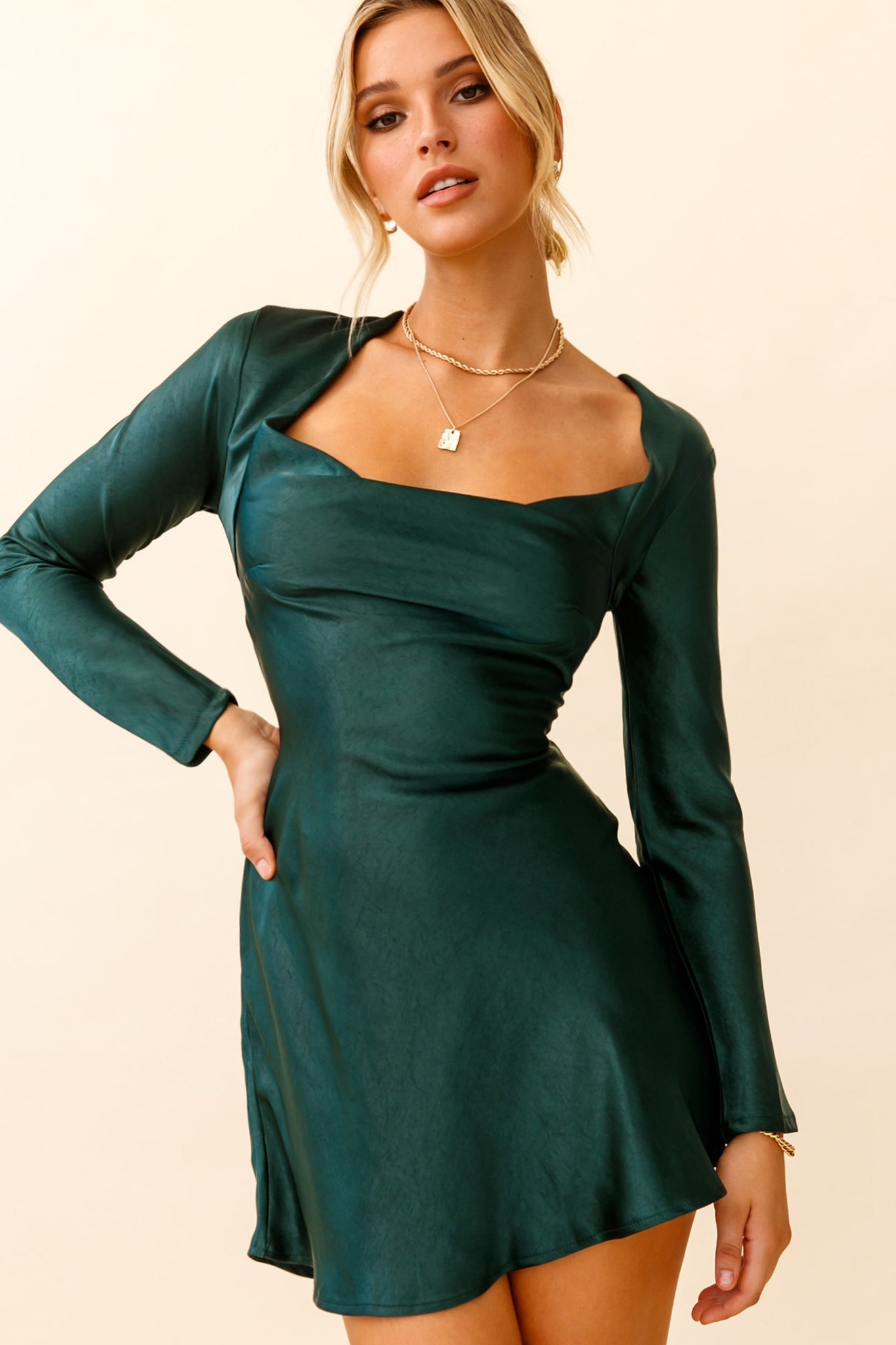 Solstice Long Sleeve Cowl Neck Mini Dress Forest Green | Selfie Leslie  Australia