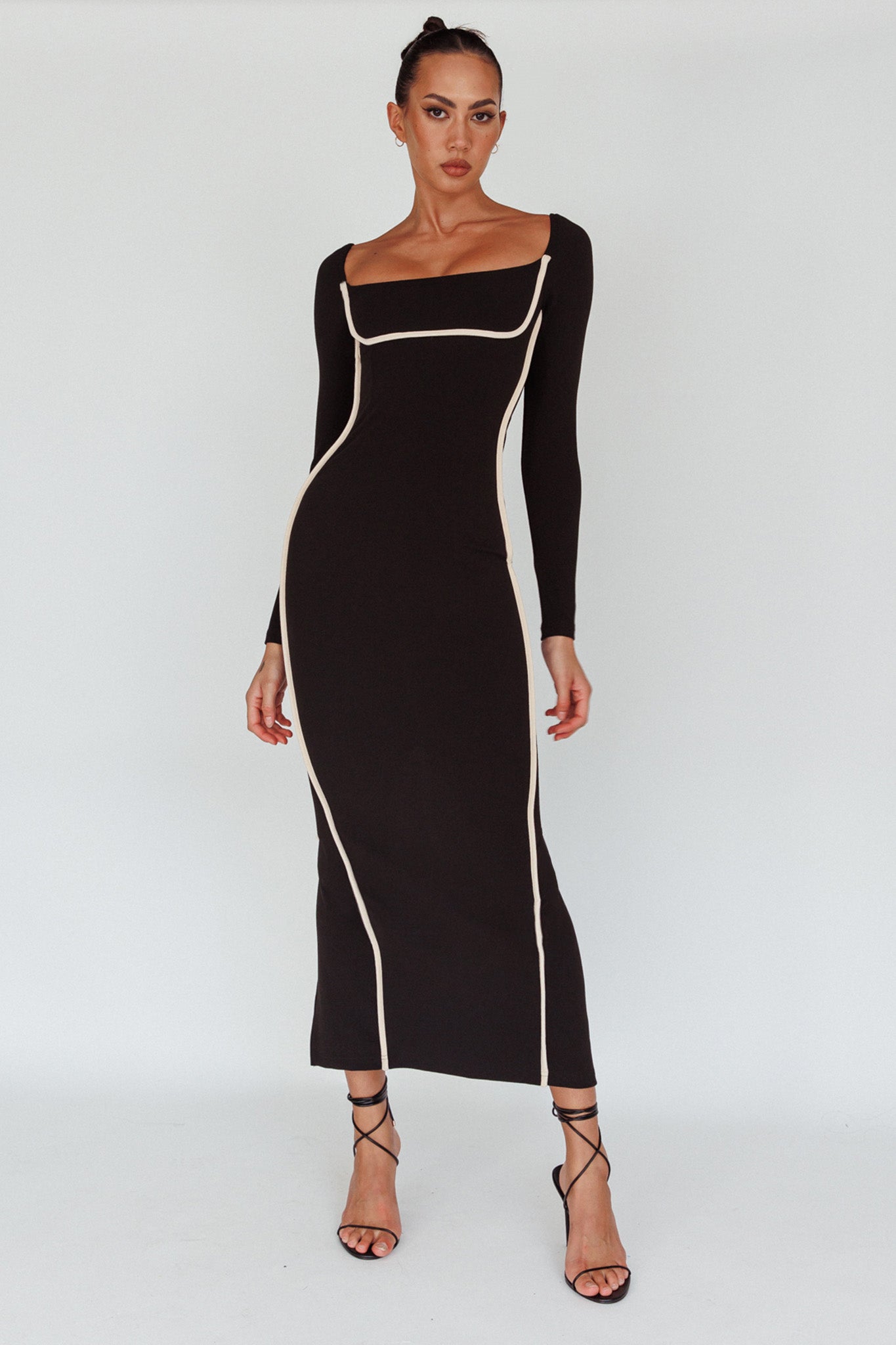 knee length dresses for ladies Sunny Coast Long Sleeve Piping Maxi Dress Black– Selfie Leslie Australia