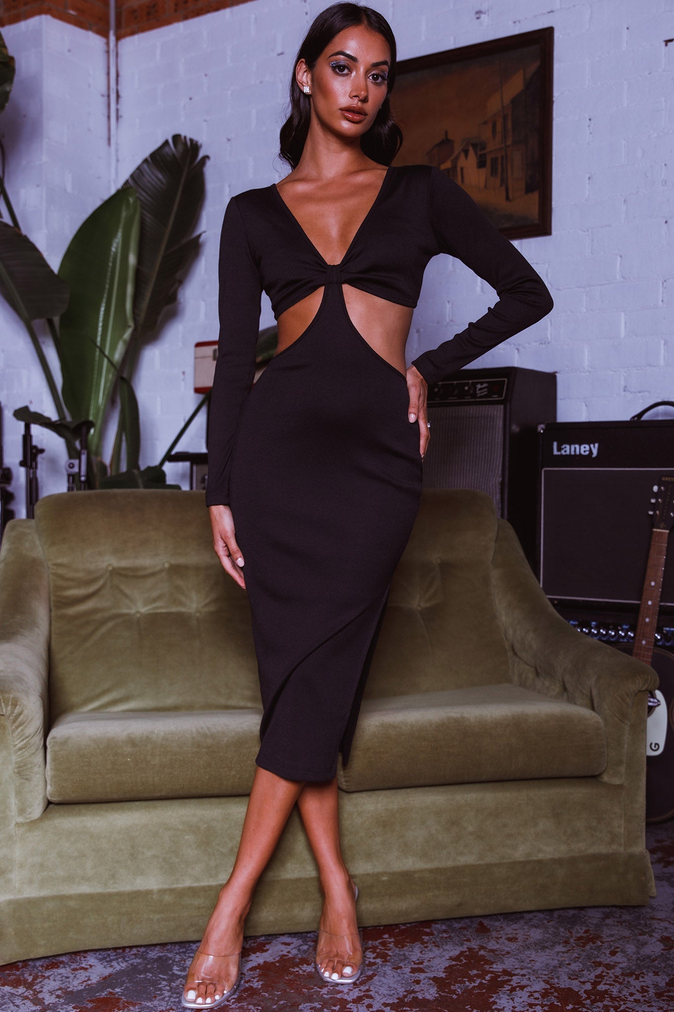 Acapulco Long Sleeve Cut-Out Waist Mini Dress Forest Green