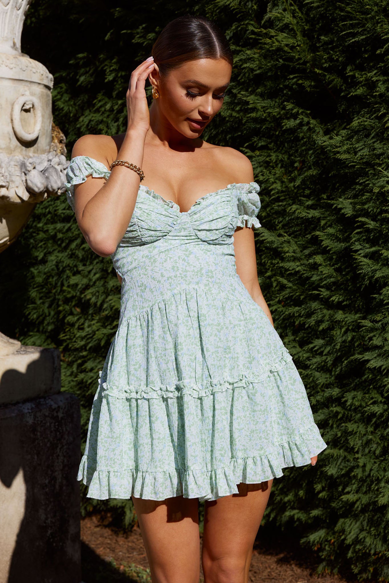 Run The World Off-Shoulder Mini Dress Floral Green– Selfie Leslie Australia