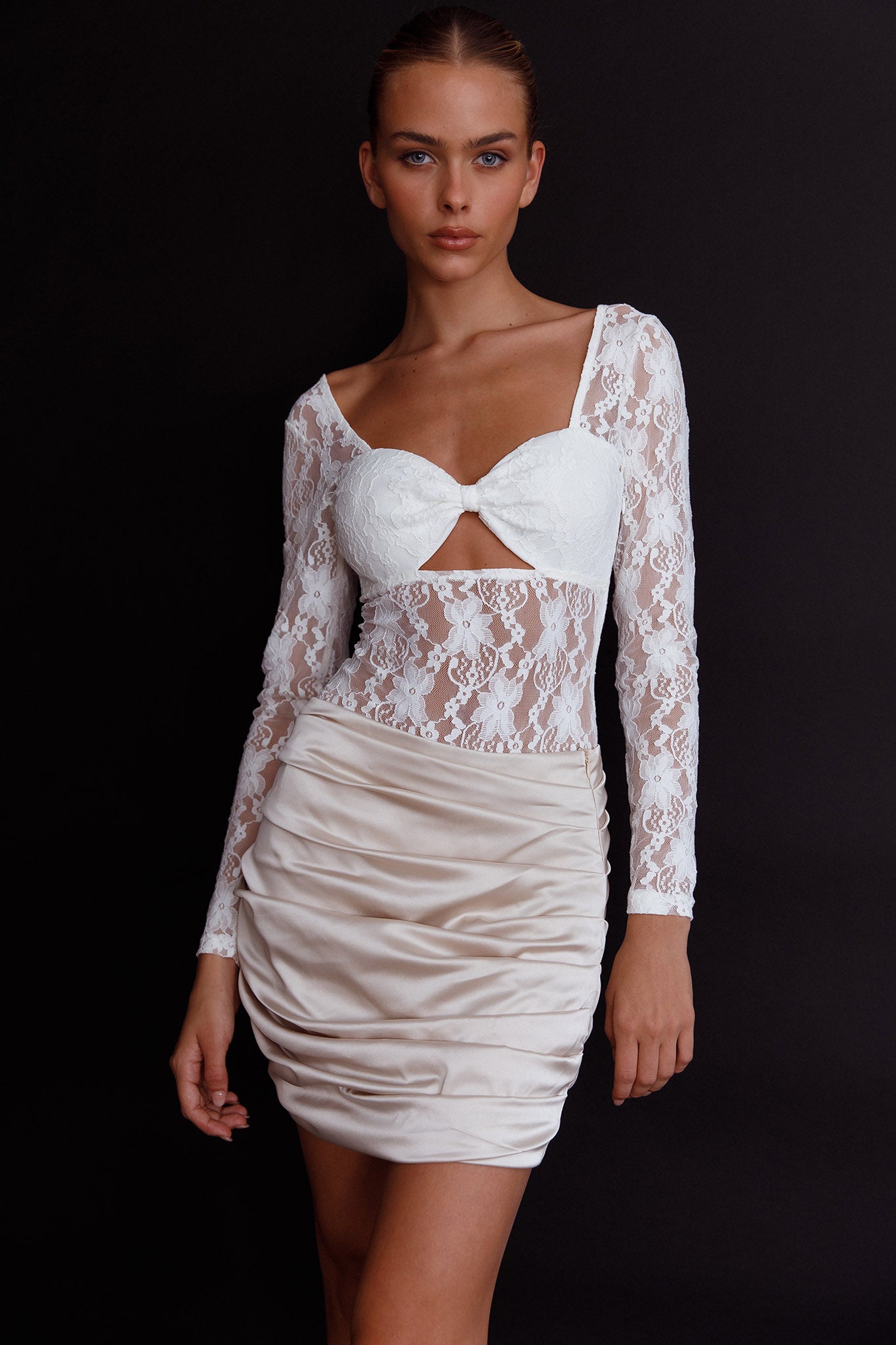 Asteria Long Sleeve Lace Bodysuit White by Selfie Leslie