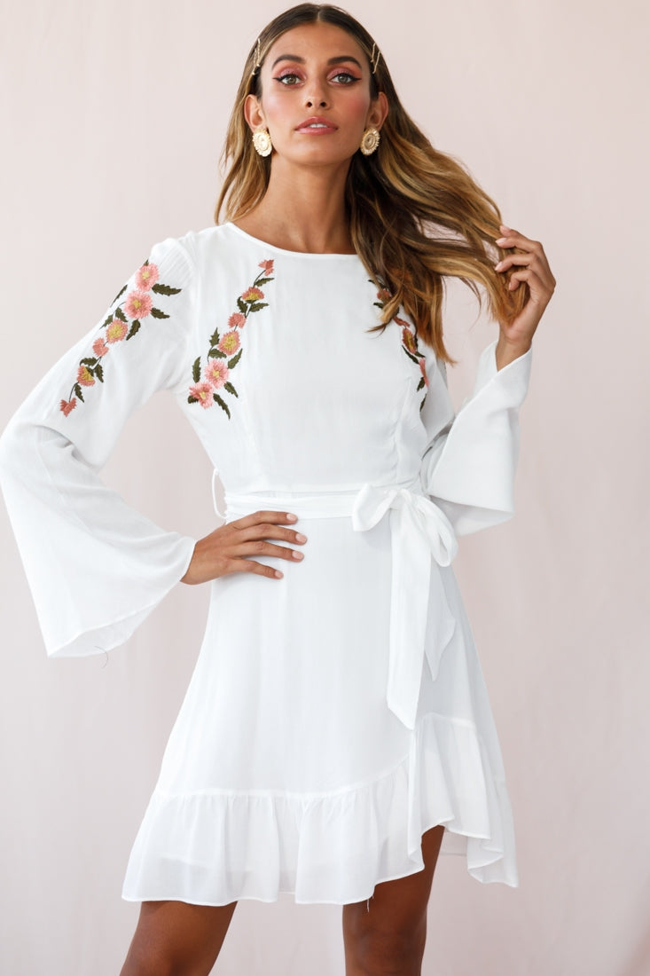 fit and flare dress with sleeves australia Yara Floral Embellished Fit and Flare Dress White