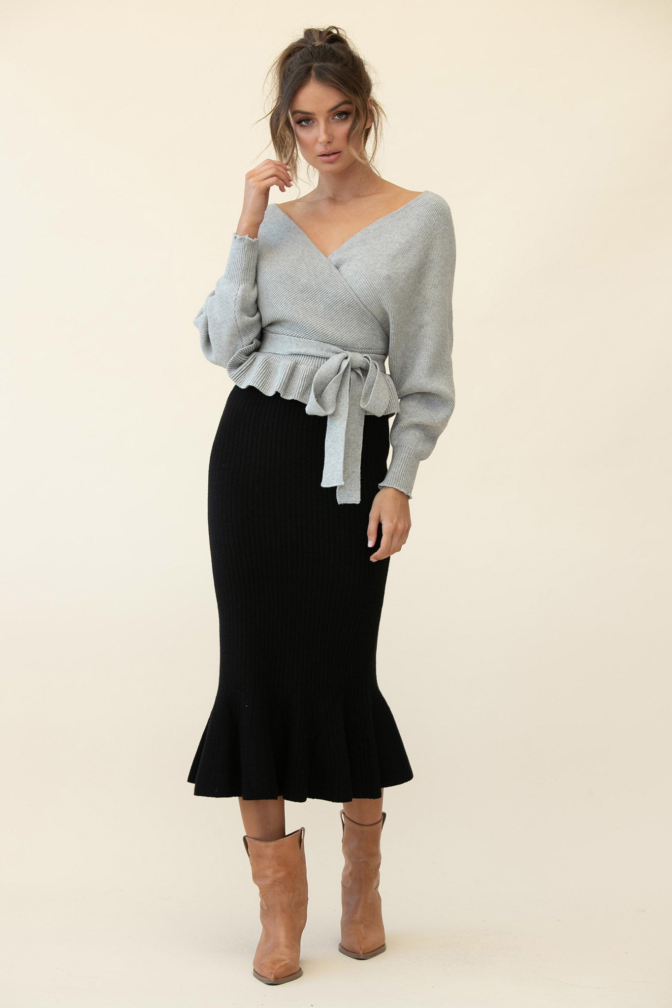 Shalon Ribbed Knit Fluted Hem Midi Dress Antique Black by Selfie Leslie Australia