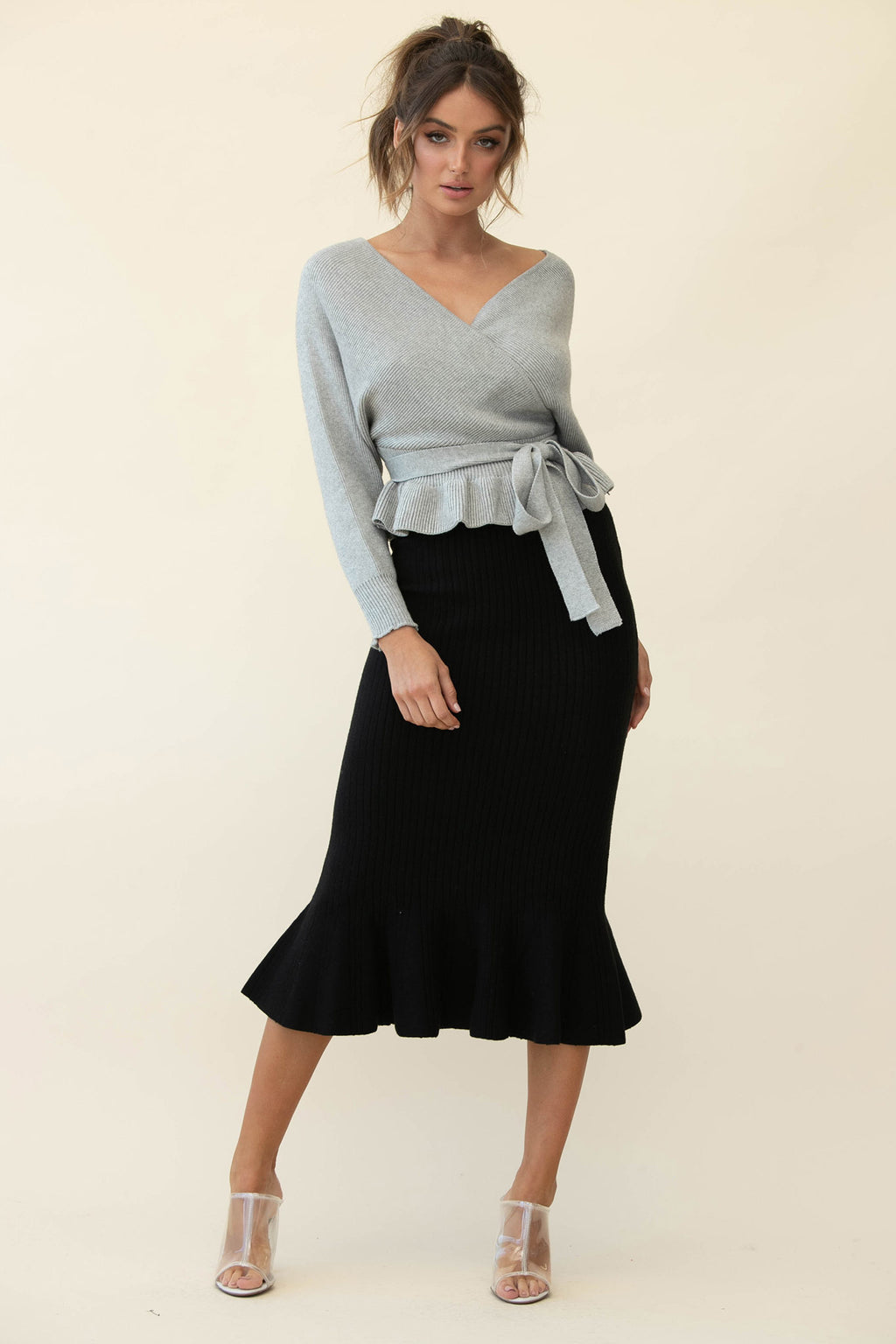 Shalon Ribbed Knit Fluted Hem Midi Dress Antique Black by Selfie Leslie Australia