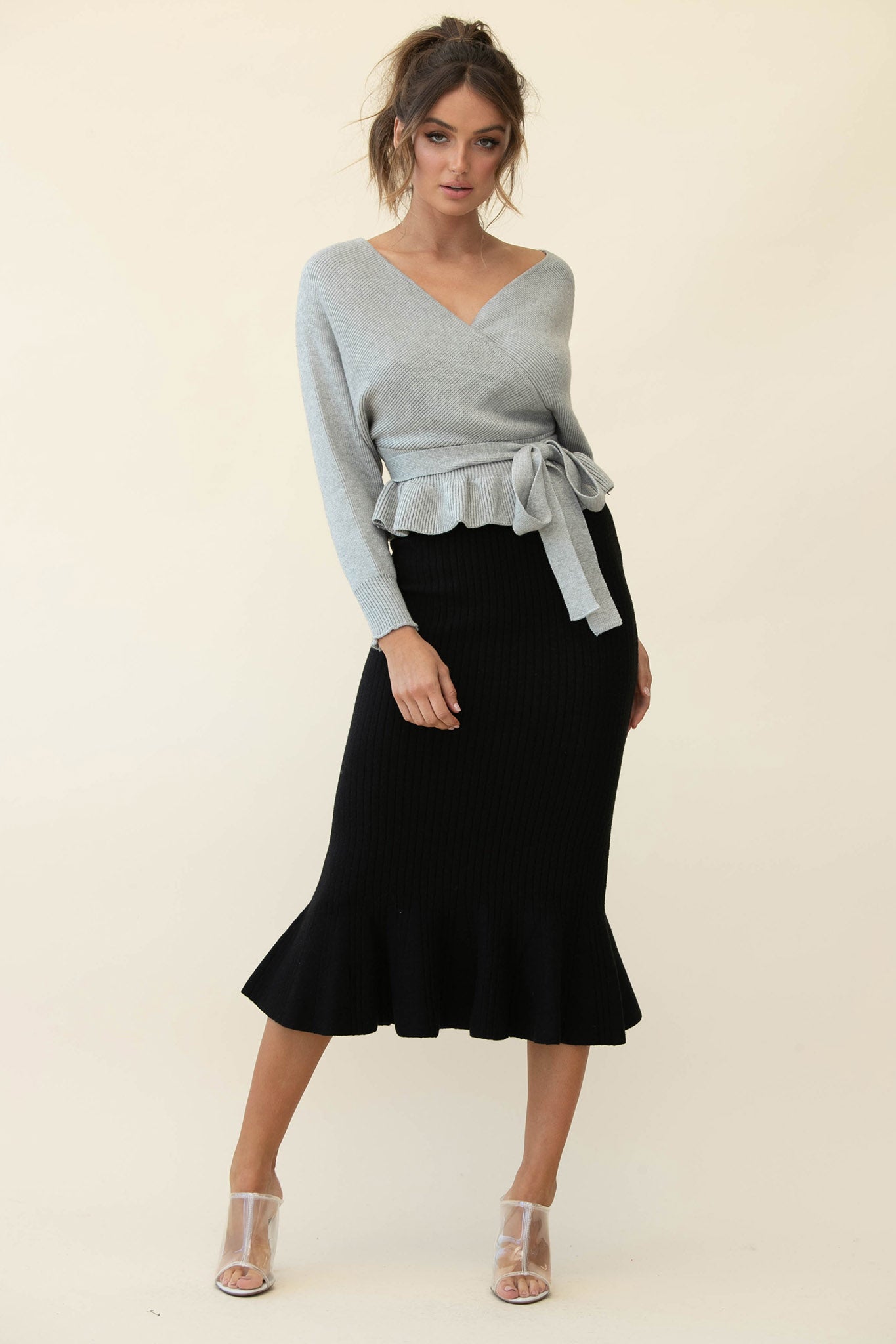 Shalon Ribbed Knit Fluted Hem Midi Dress Antique Black by Selfie Leslie Australia