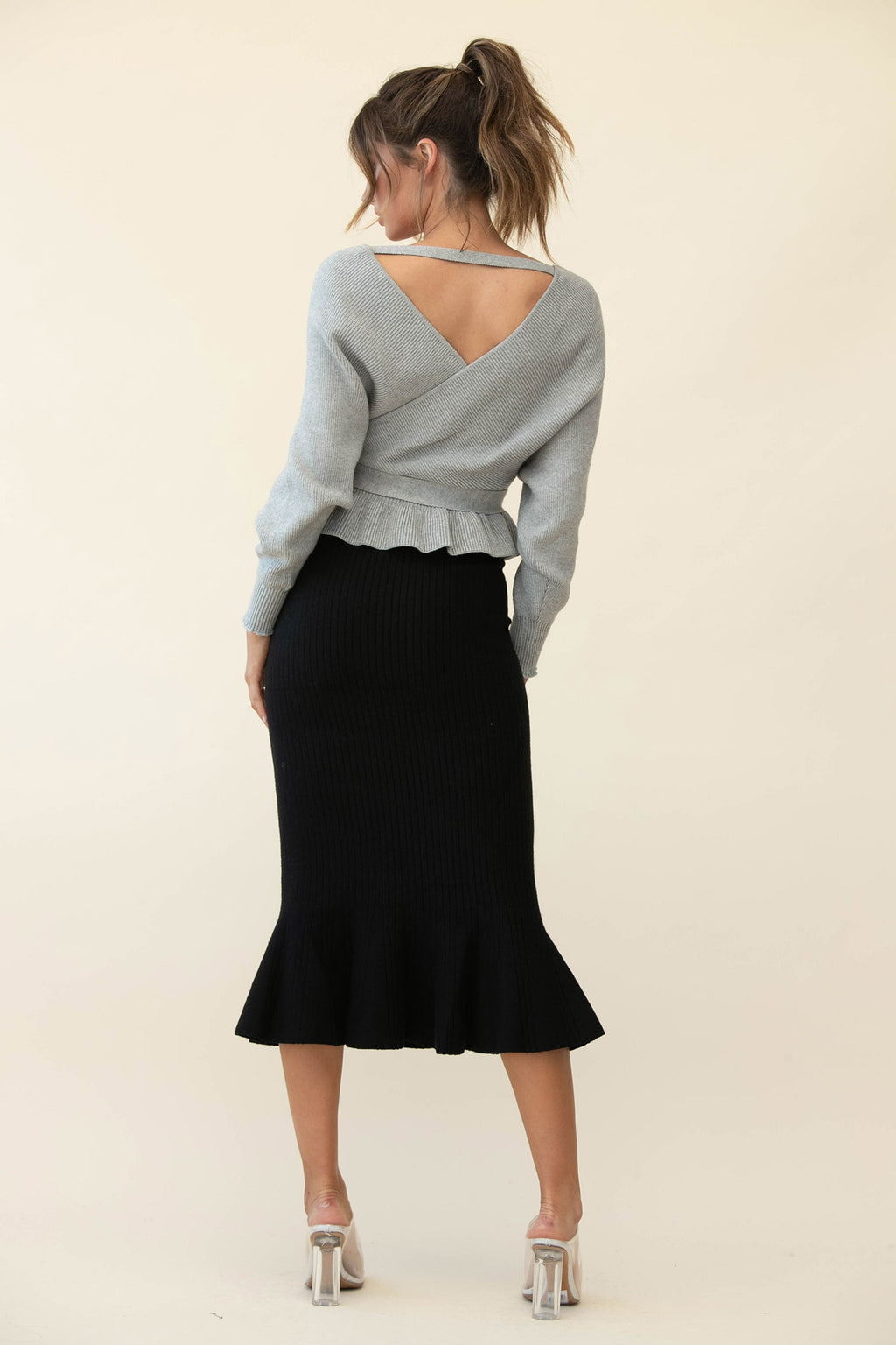 Shalon Ribbed Knit Fluted Hem Midi Dress Antique Black by Selfie Leslie Australia