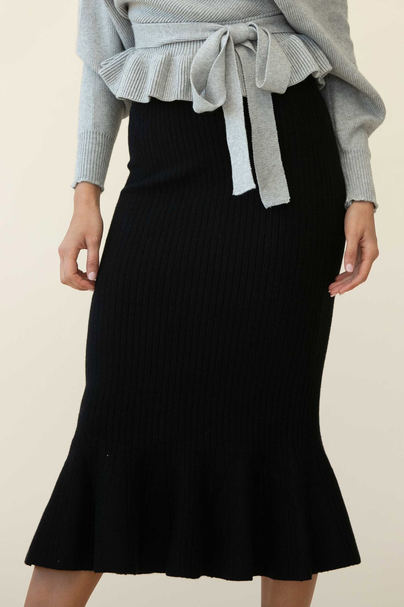 Shalon Ribbed Knit Fluted Hem Midi Dress Antique Black by Selfie Leslie Australia