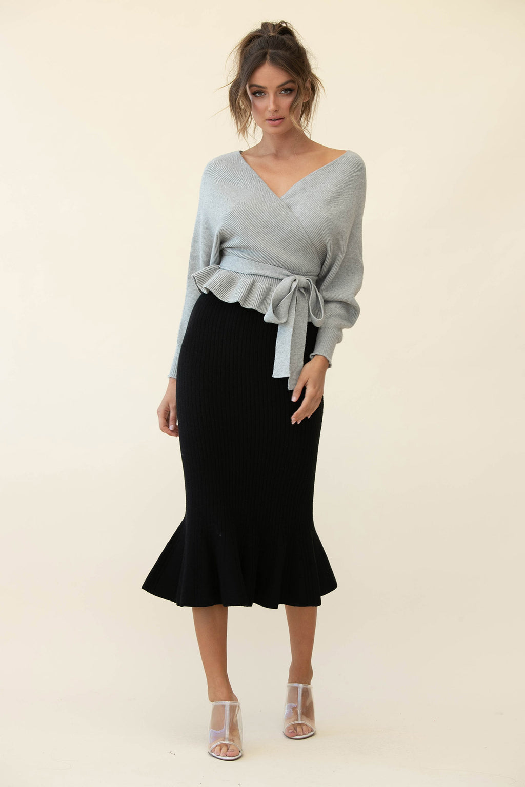 Shalon Ribbed Knit Fluted Hem Midi Dress Antique Black by Selfie Leslie Australia
