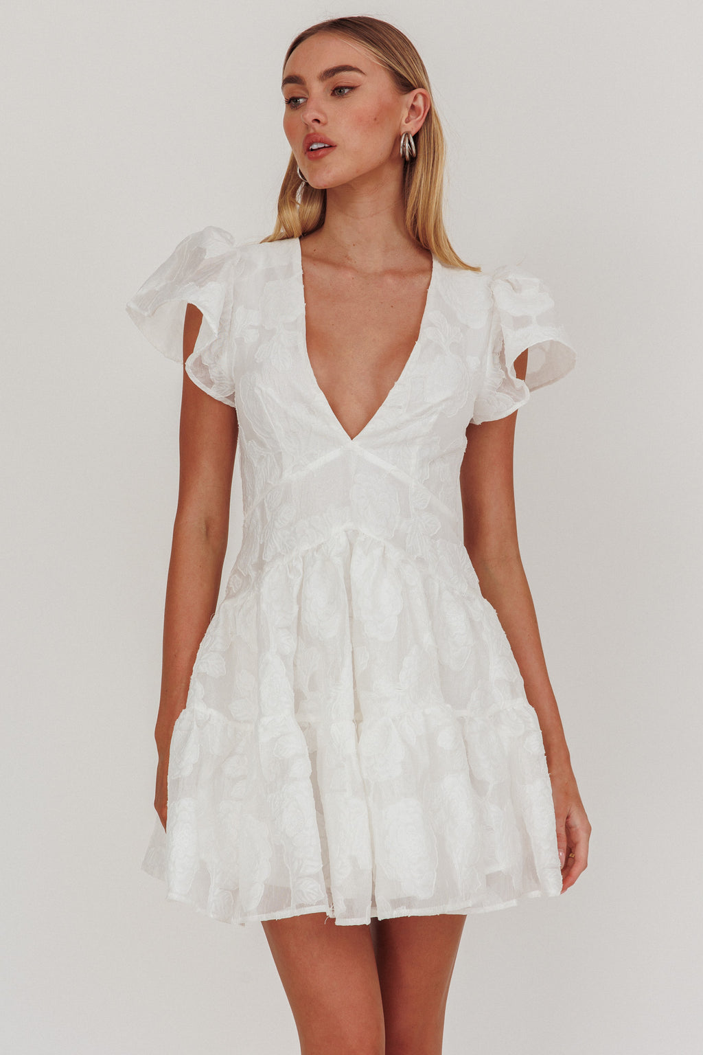 Irenna Ruffle Sleeve V-Neck Mini Dress Textured White by Selfie Leslie Australia