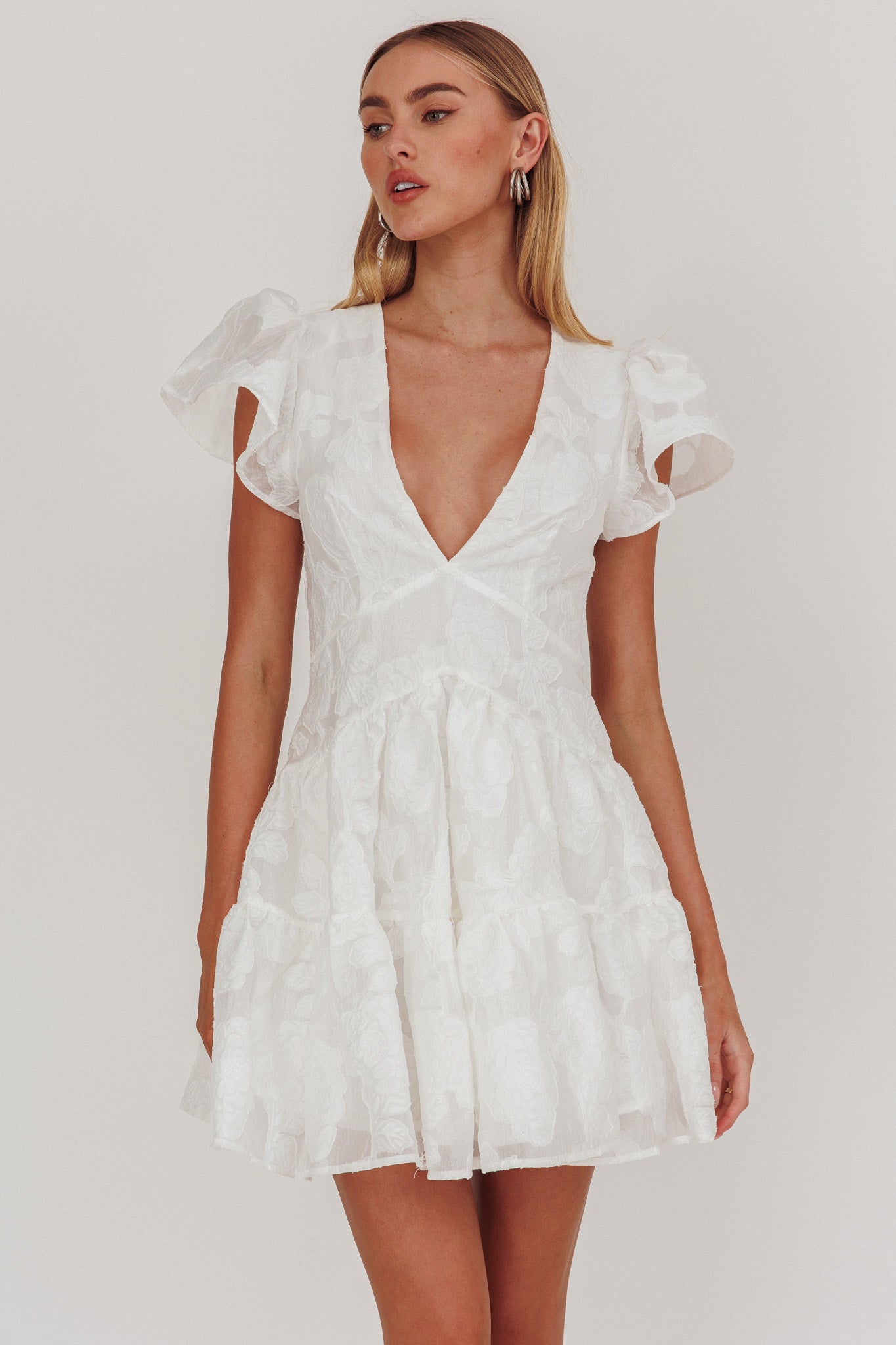 Irenna Ruffle Sleeve V-Neck Mini Dress Textured White by Selfie Leslie Australia