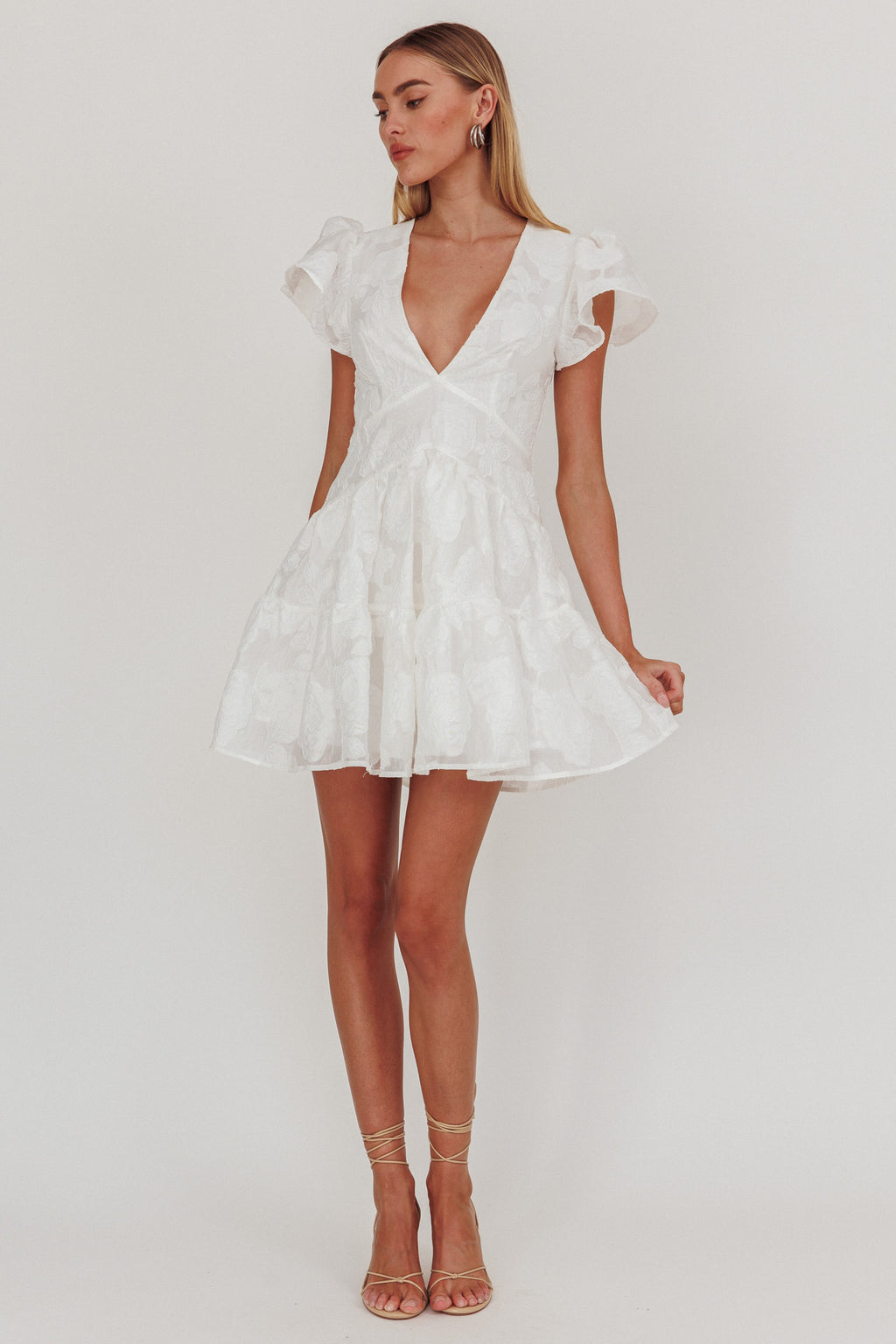 Irenna Ruffle Sleeve V-Neck Mini Dress Textured White by Selfie Leslie Australia