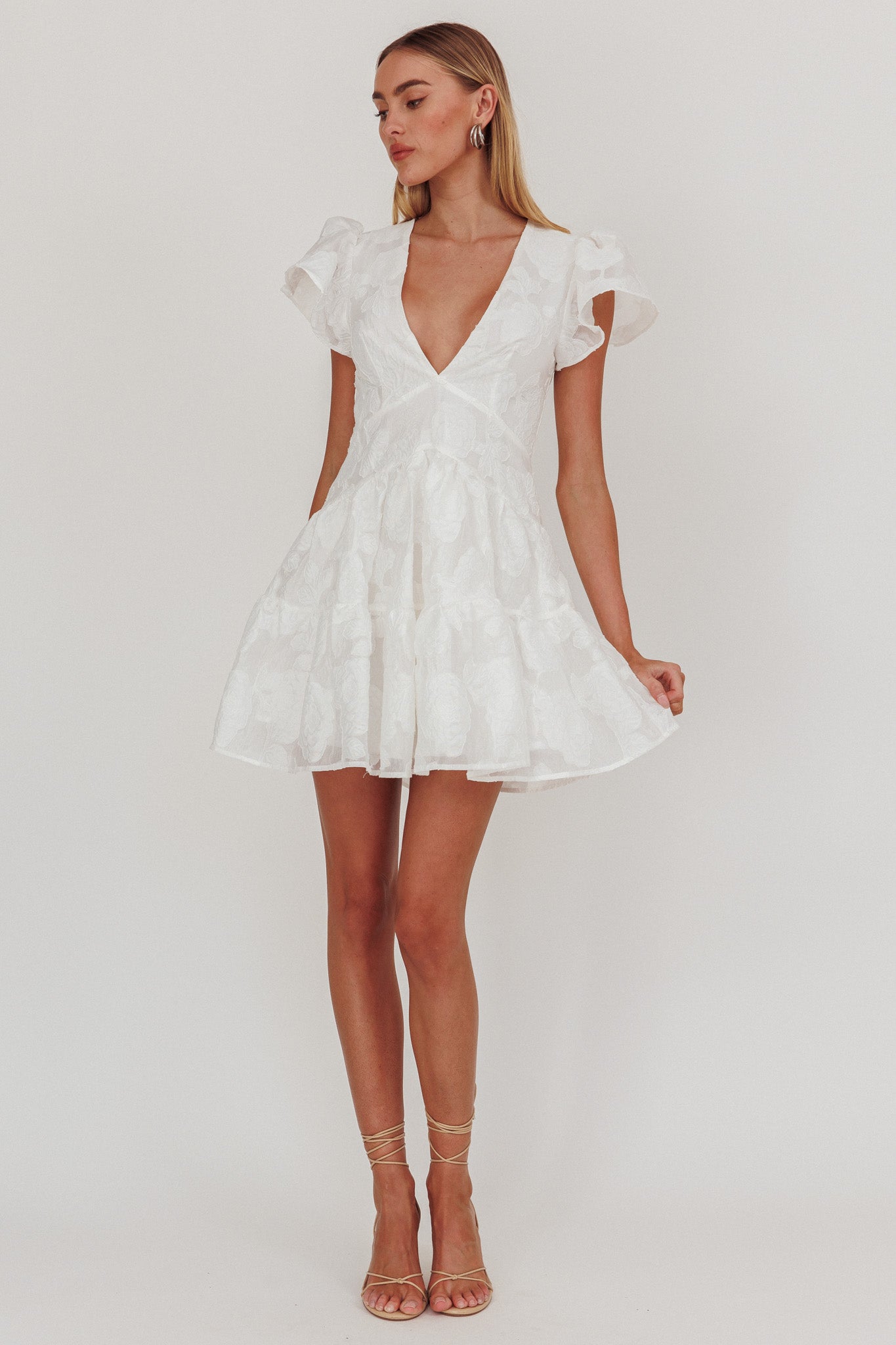 Irenna Ruffle Sleeve V-Neck Mini Dress Textured White by Selfie Leslie Australia