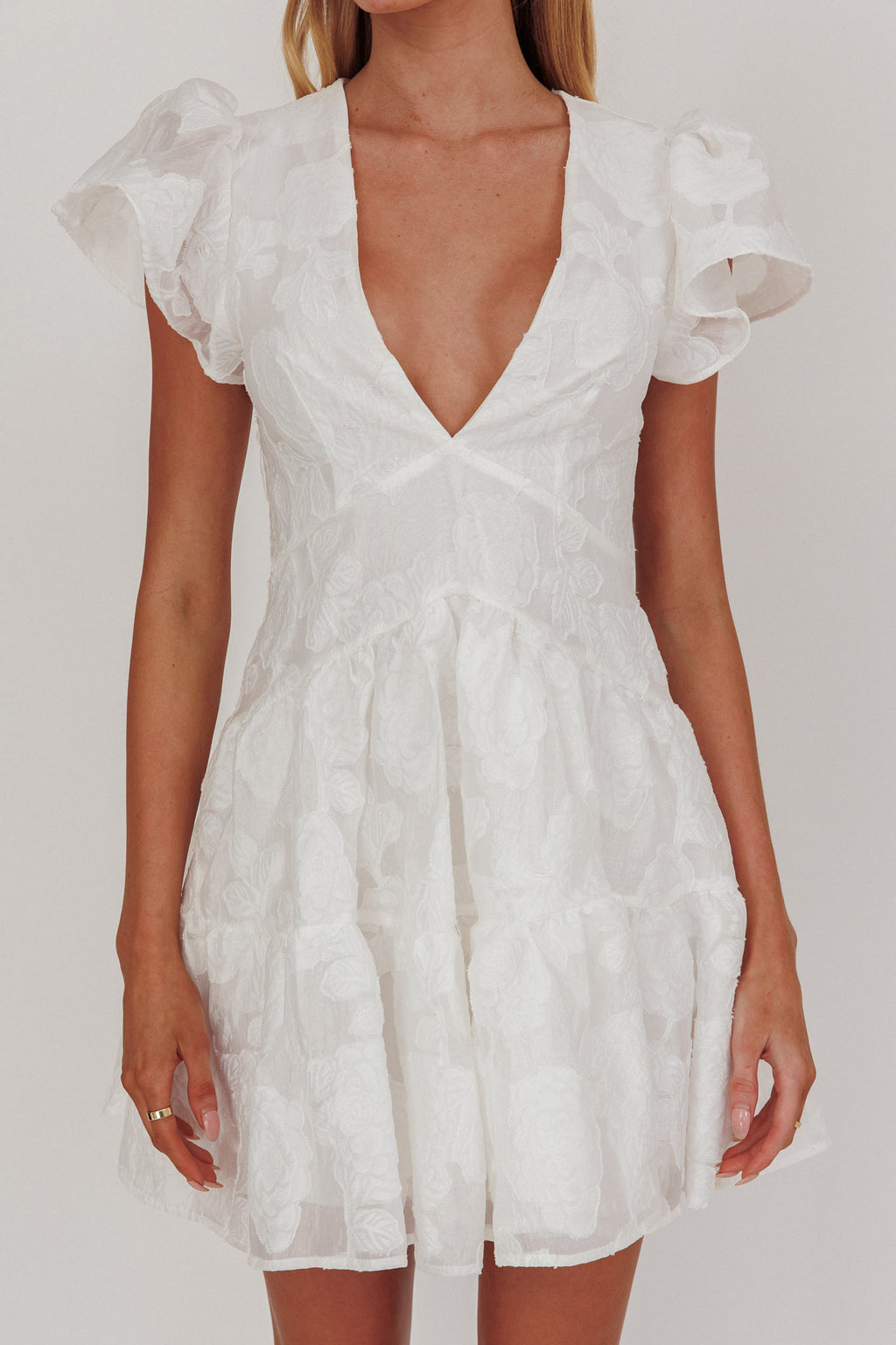 Irenna Ruffle Sleeve V-Neck Mini Dress Textured White by Selfie Leslie Australia