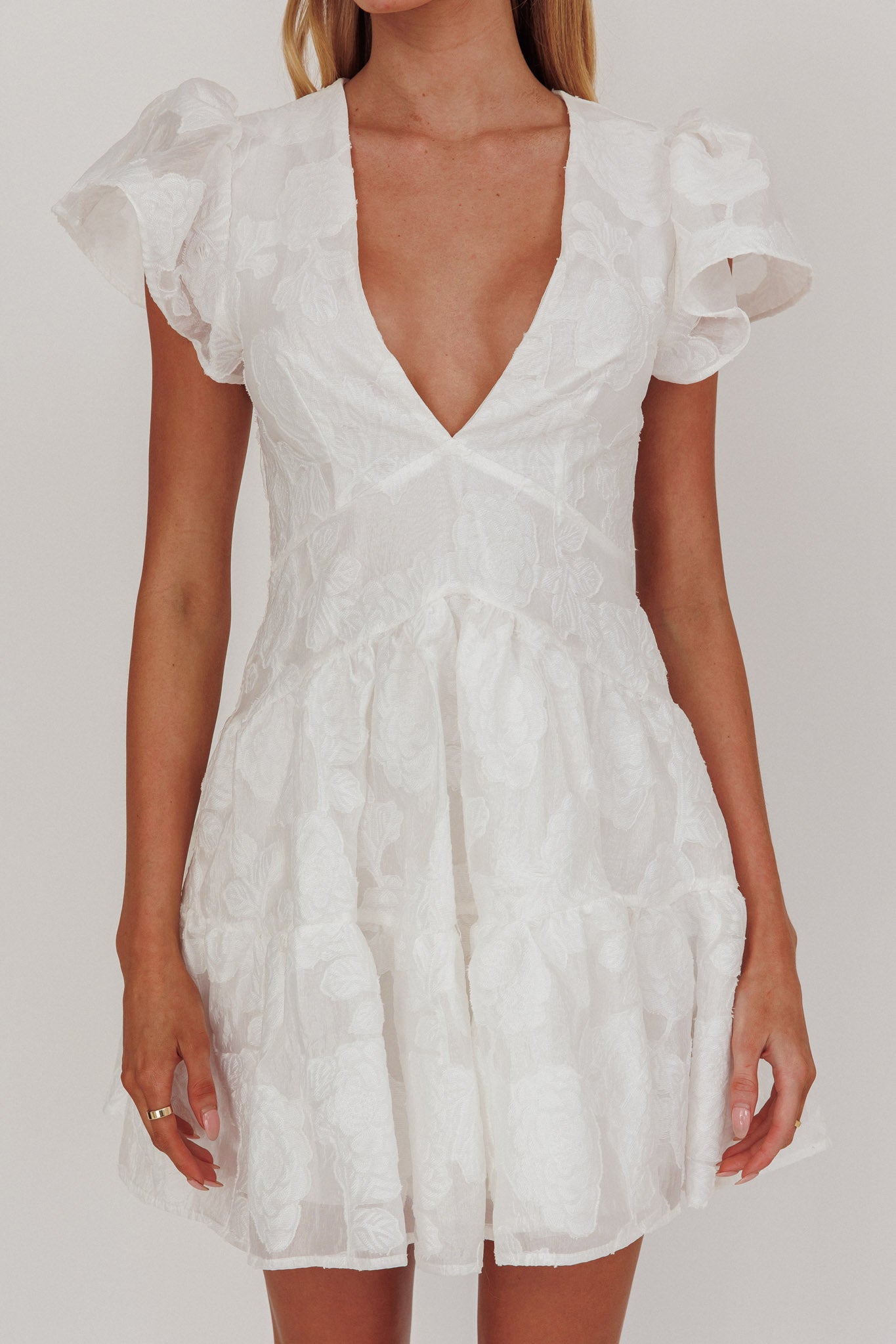 Irenna Ruffle Sleeve V-Neck Mini Dress Textured White by Selfie Leslie Australia