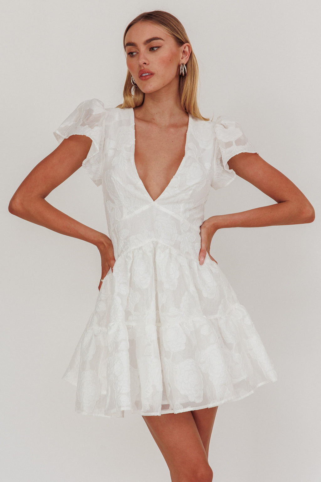 Irenna Ruffle Sleeve V-Neck Mini Dress Textured White by Selfie Leslie Australia