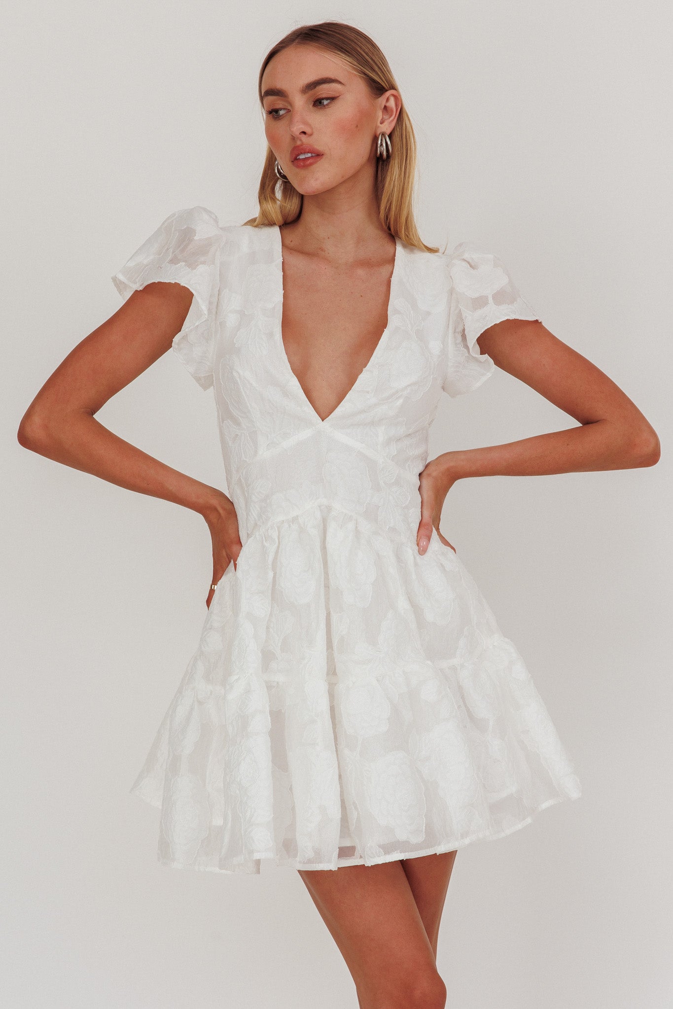 Irenna Ruffle Sleeve V-Neck Mini Dress Textured White by Selfie Leslie Australia