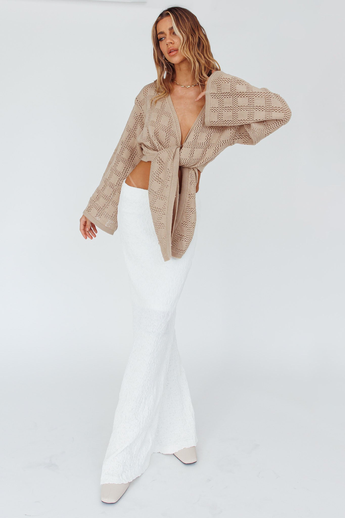 Rivera Deep-V Waist-Tie Top Crochet Sand by Selfie Leslie Australia