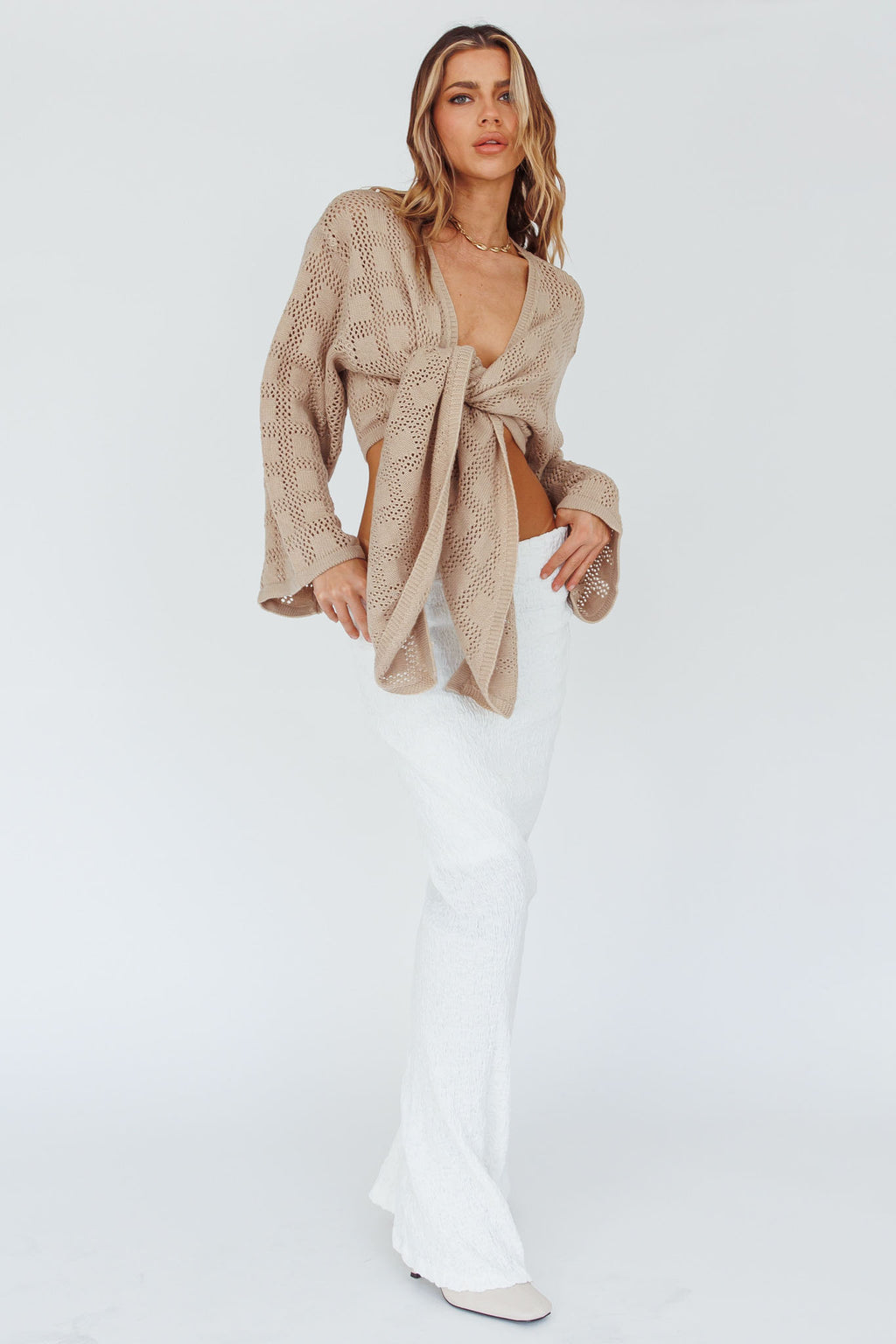 Rivera Deep-V Waist-Tie Top Crochet Sand by Selfie Leslie Australia