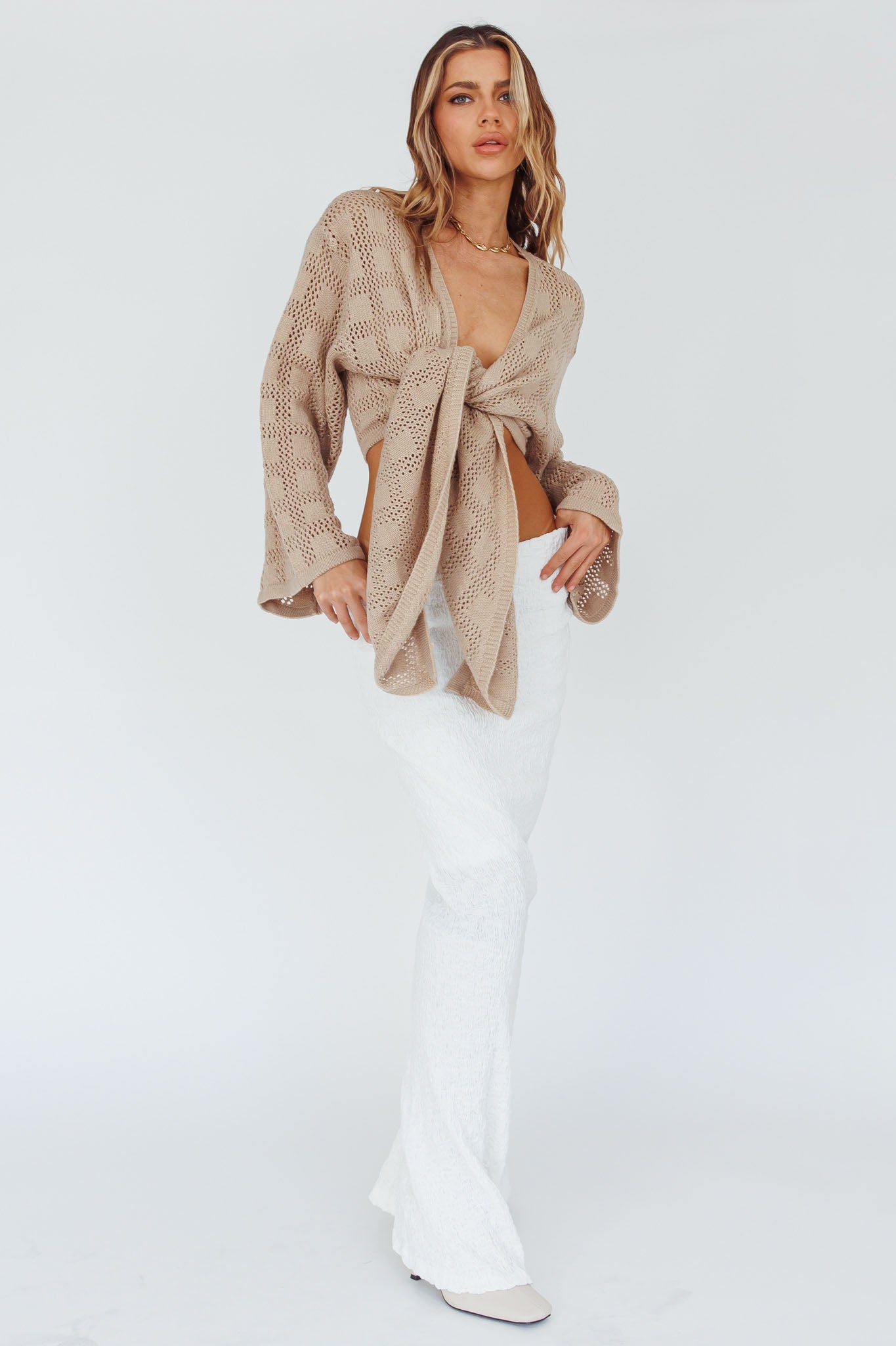 Rivera Deep-V Waist-Tie Top Crochet Sand by Selfie Leslie Australia