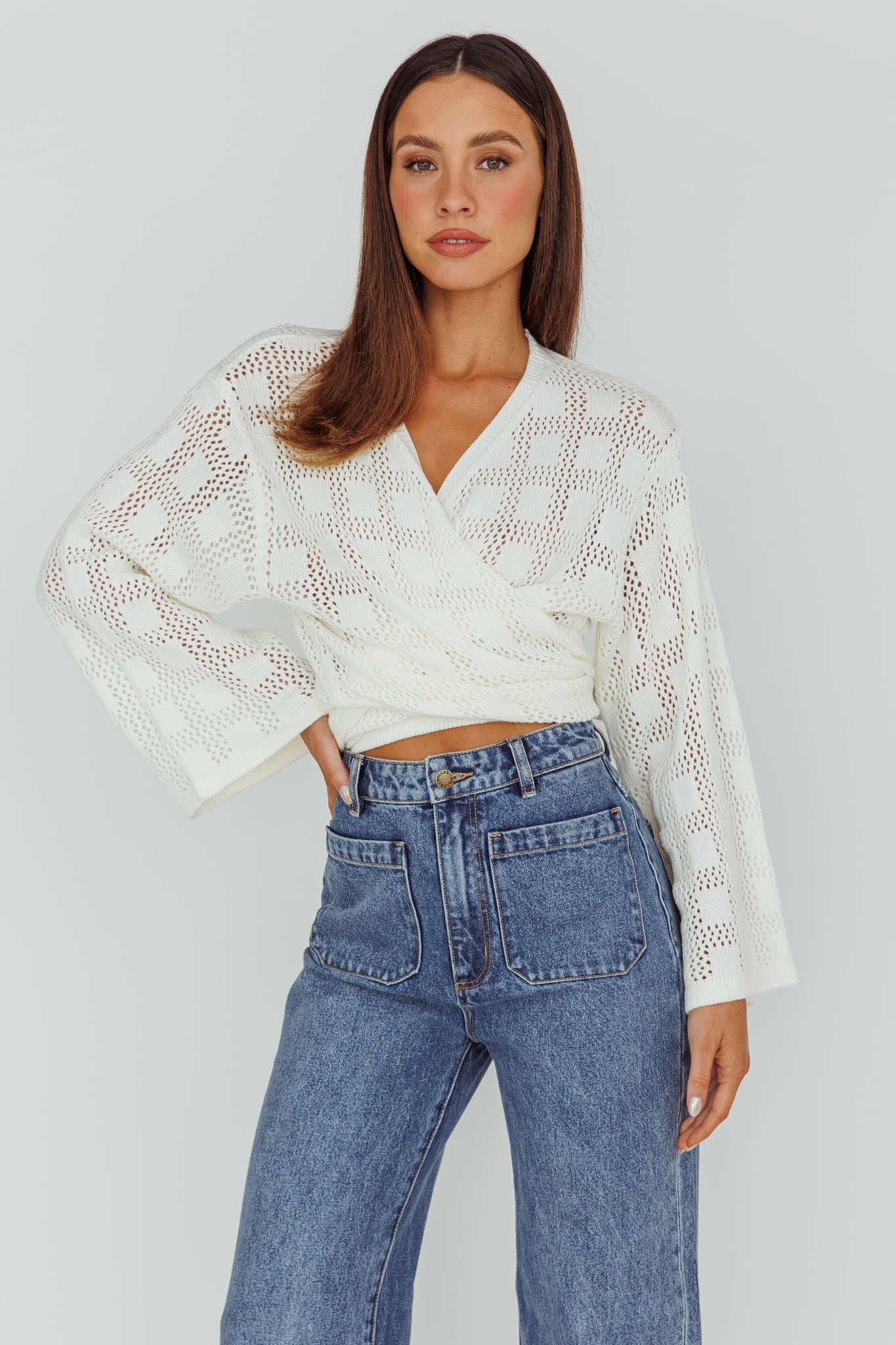 Rivera Deep-V Waist-Tie Top Crochet White by Selfie Leslie Australia
