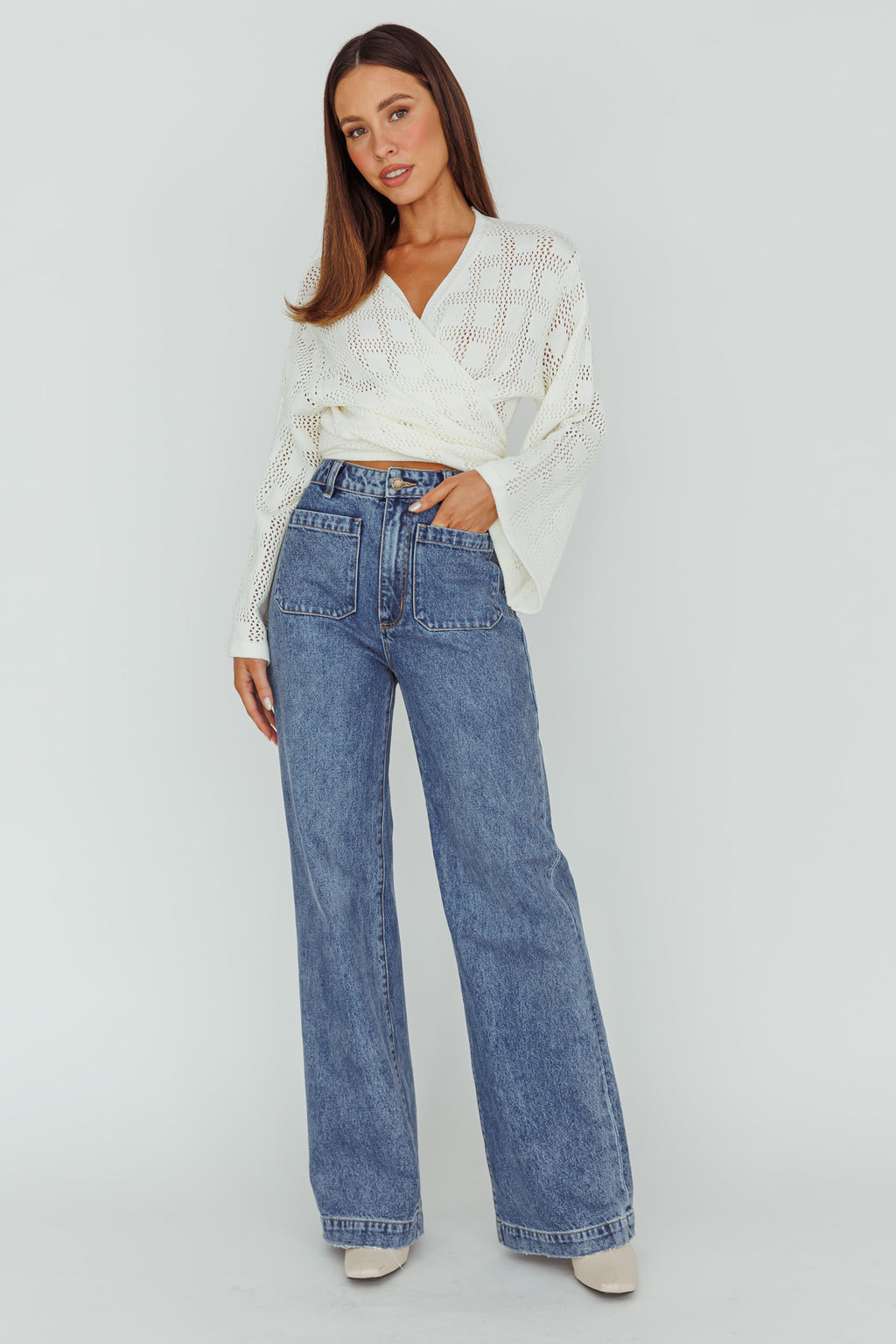Rivera Deep-V Waist-Tie Top Crochet White by Selfie Leslie Australia