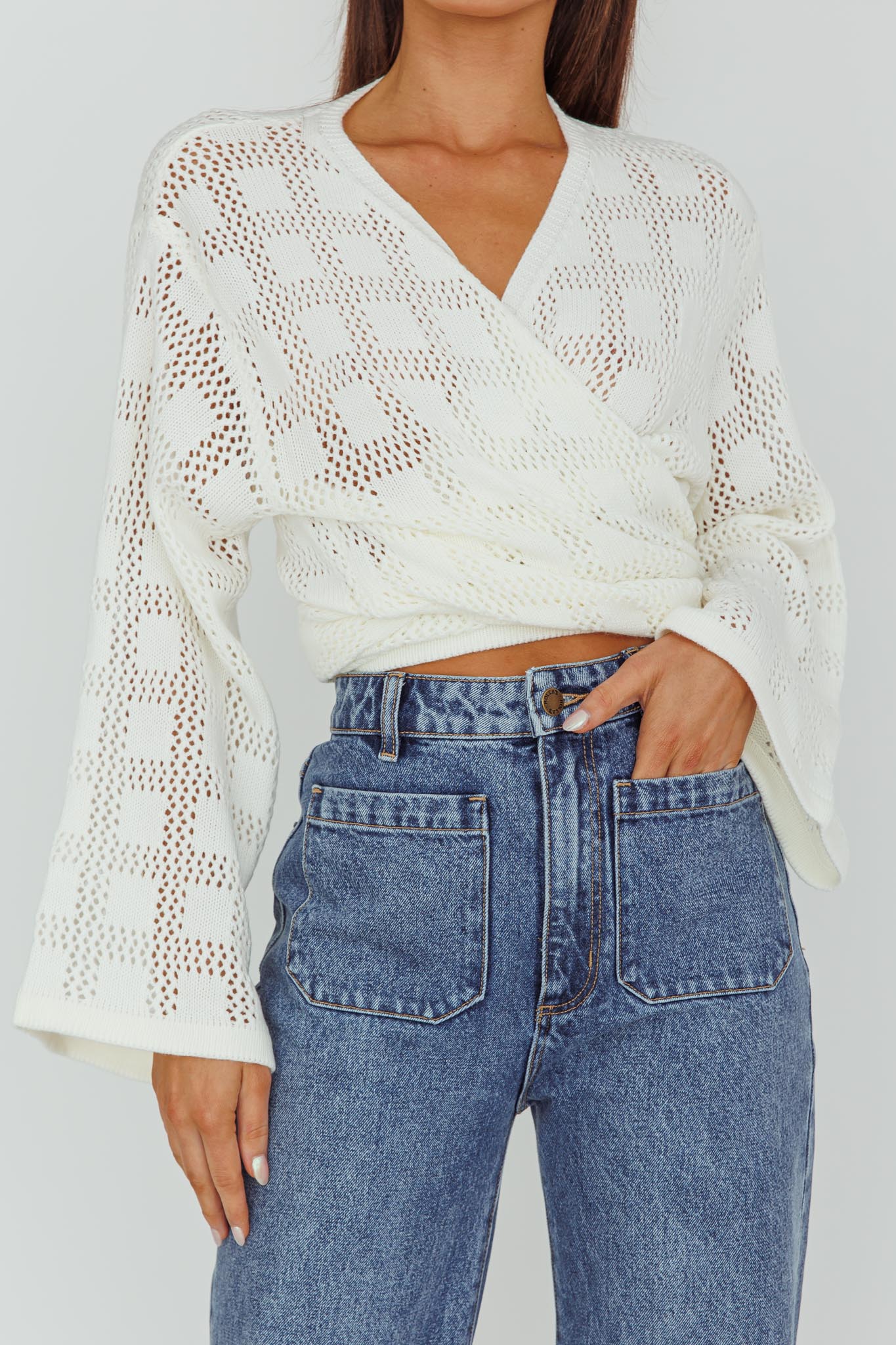 Rivera Deep-V Waist-Tie Top Crochet White by Selfie Leslie Australia