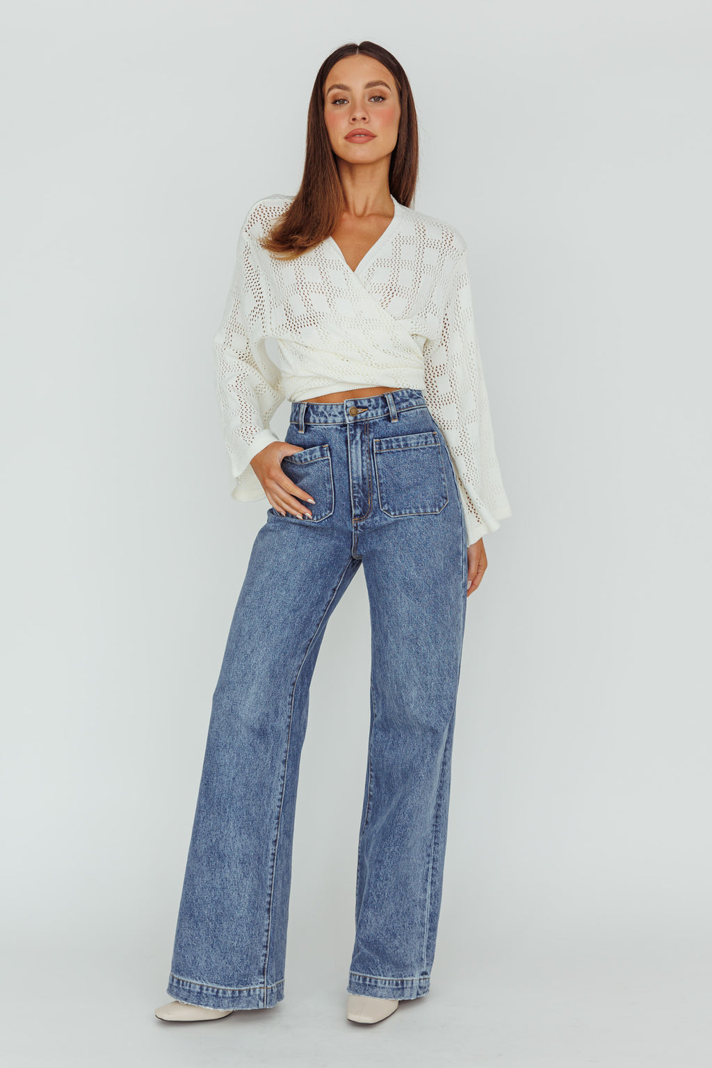 Rivera Deep-V Waist-Tie Top Crochet White by Selfie Leslie Australia