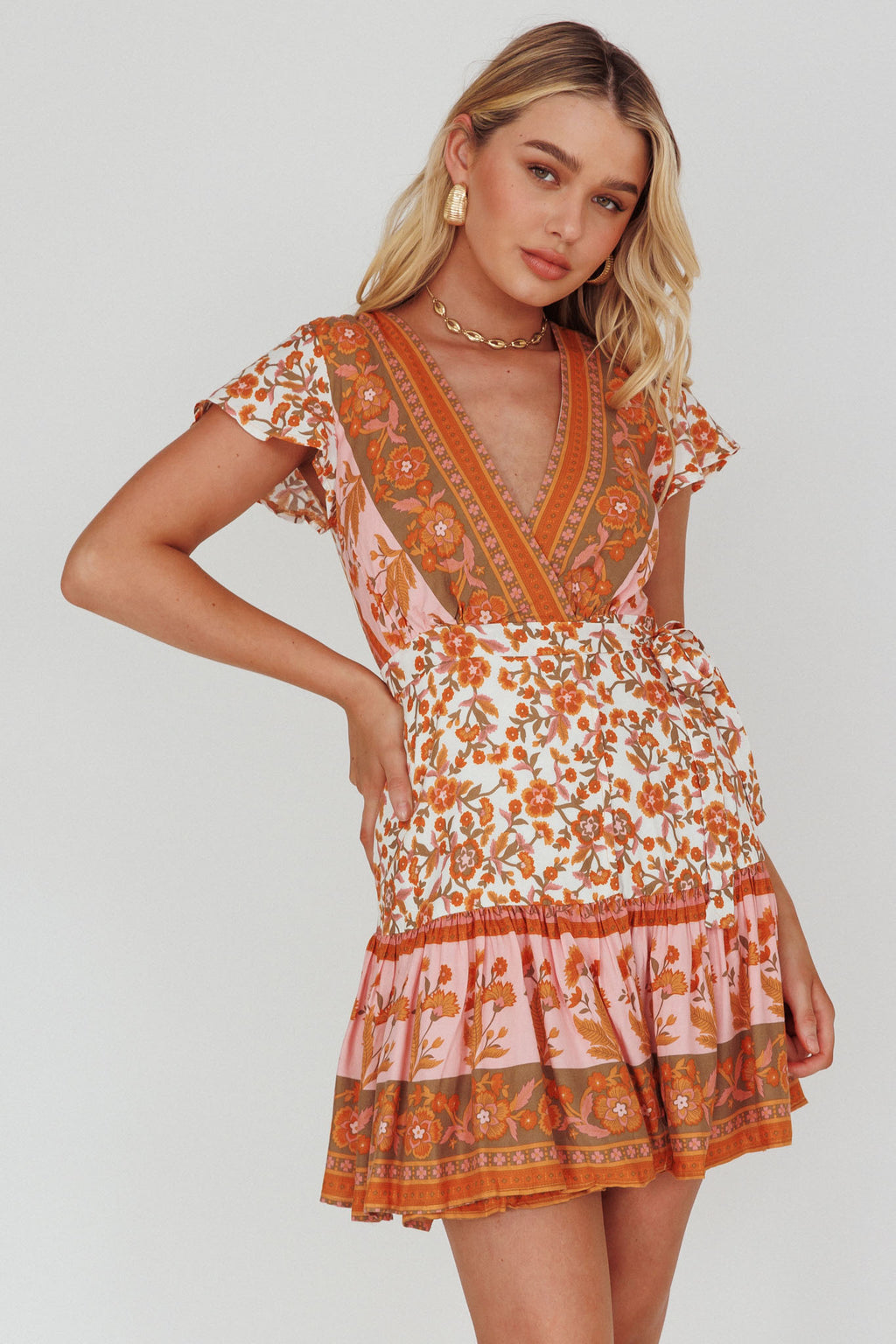 Mayan Angel Sleeve Waist Tie Wrap Dress Floral White/Pink by Selfie Leslie Australia