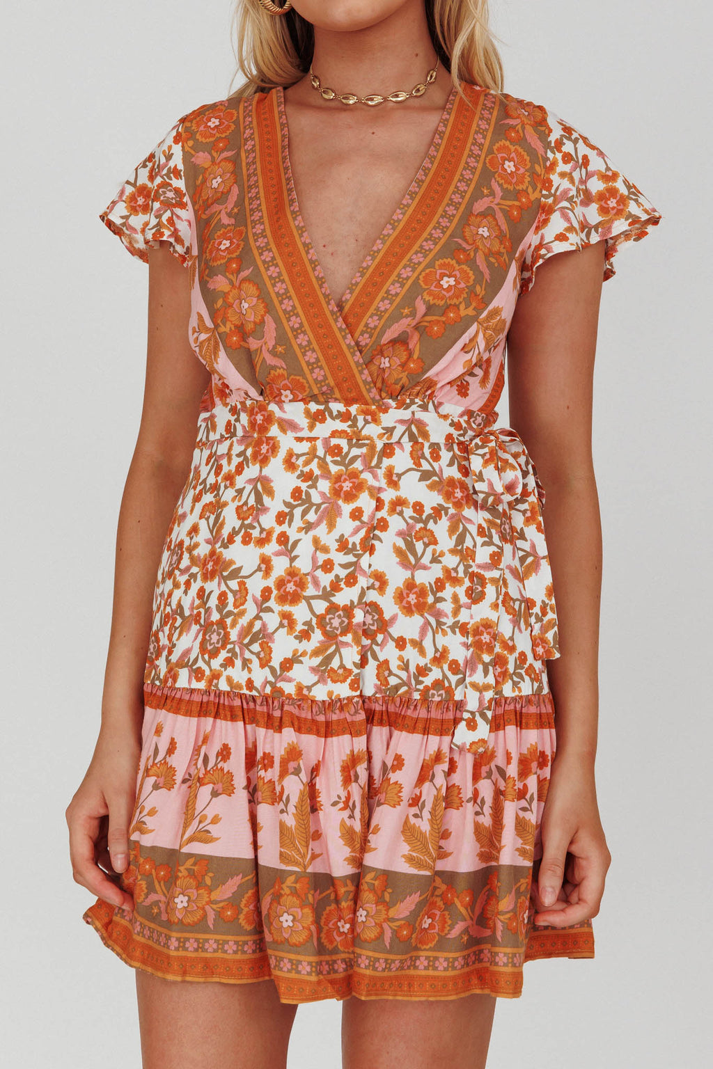 Mayan Angel Sleeve Waist Tie Wrap Dress Floral White/Pink by Selfie Leslie Australia