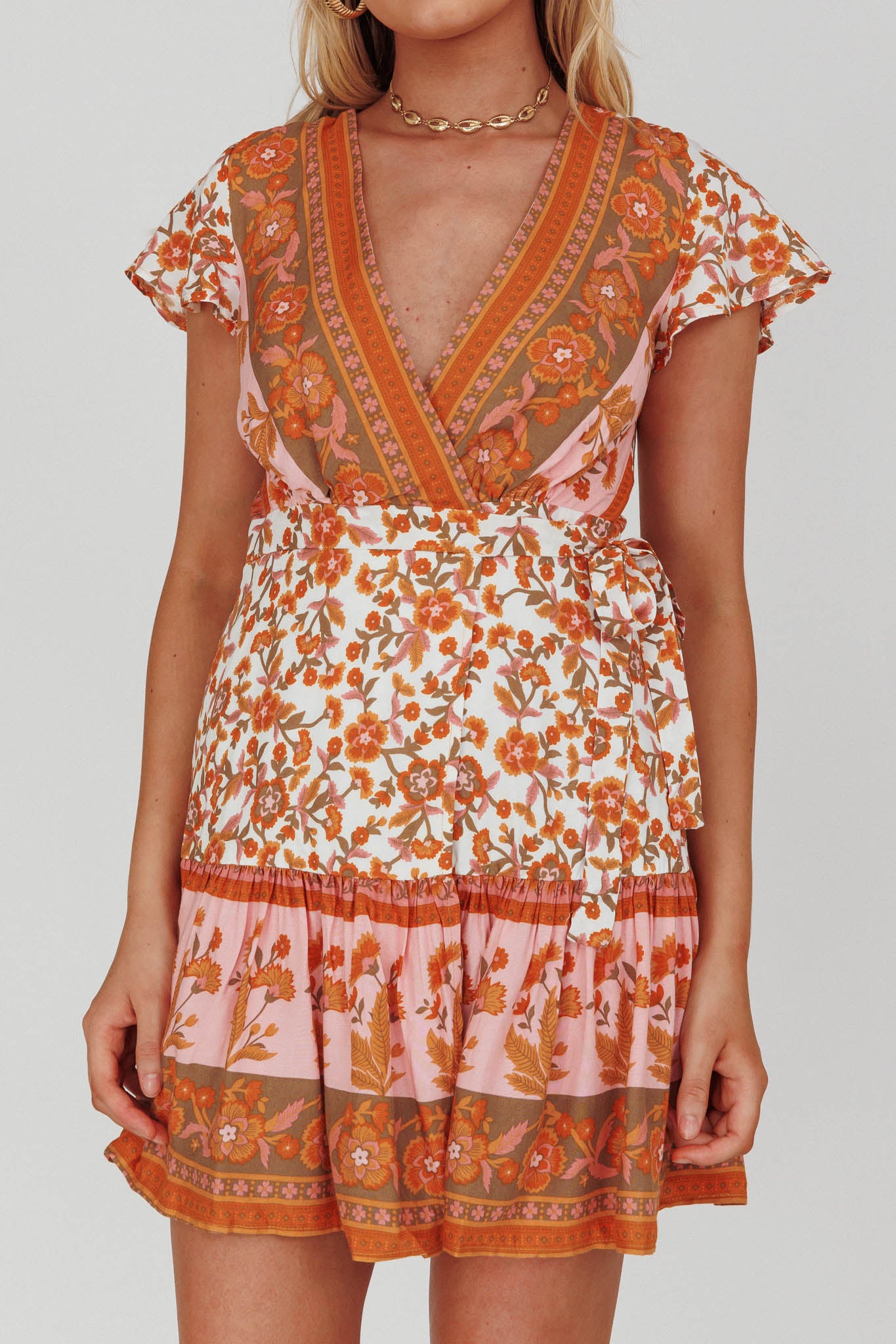 Mayan Angel Sleeve Waist Tie Wrap Dress Floral White/Pink by Selfie Leslie Australia