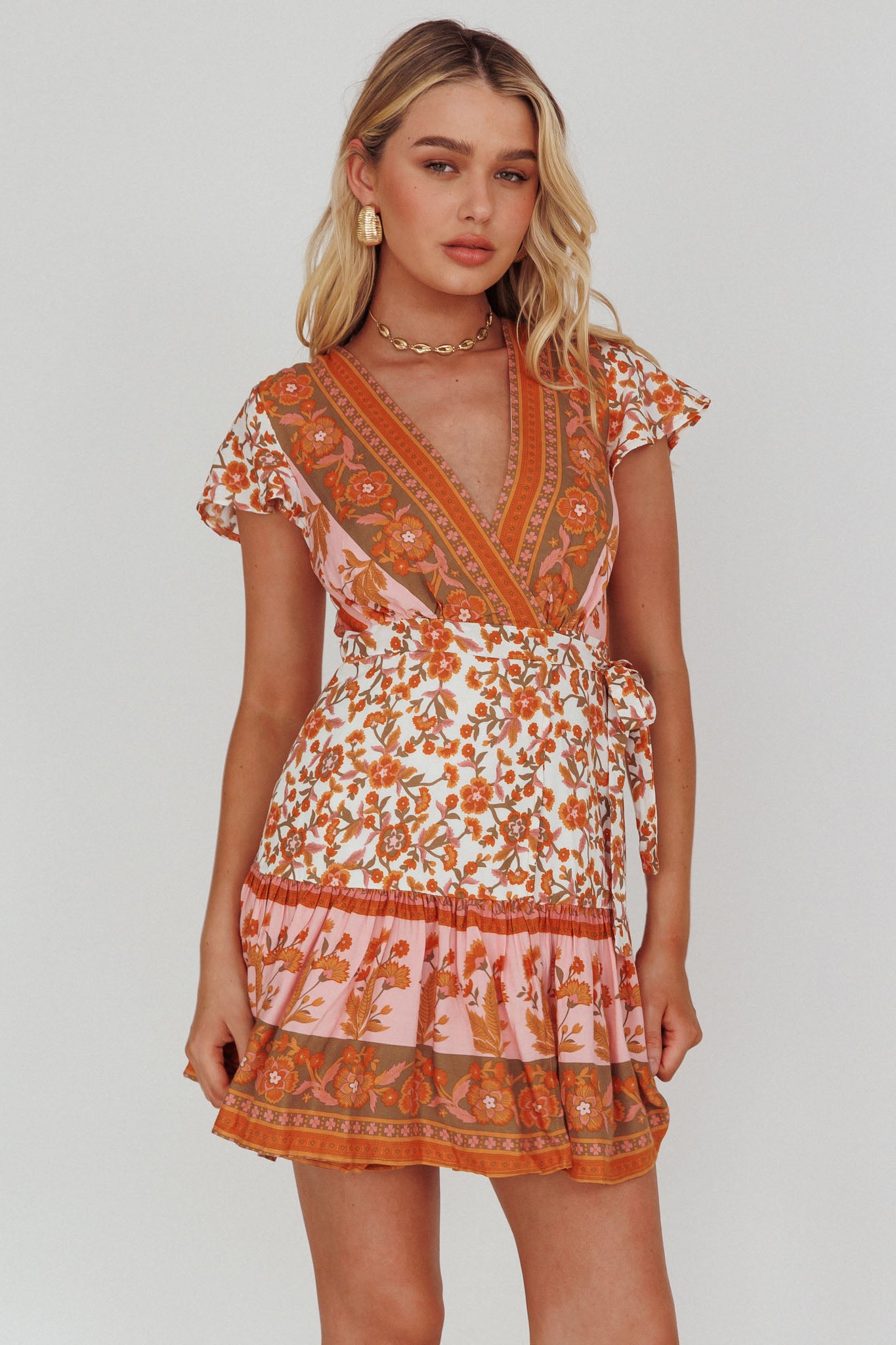 Mayan Angel Sleeve Waist Tie Wrap Dress Floral White/Pink by Selfie Leslie Australia