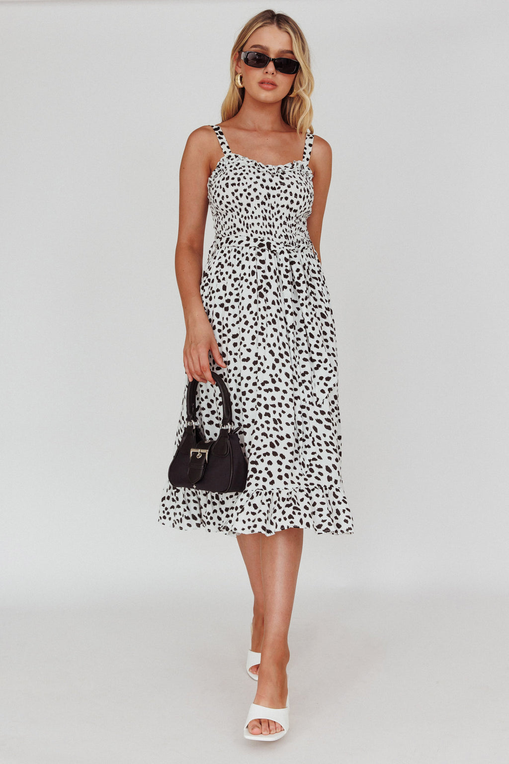 Honey Shirred Frill Midi Dress White/Black by Selfie Leslie Australia
