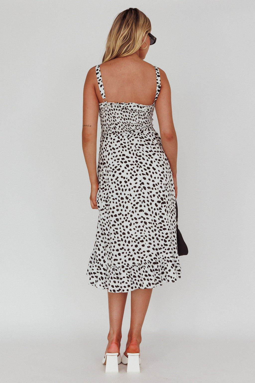 Honey Shirred Frill Midi Dress White/Black by Selfie Leslie Australia