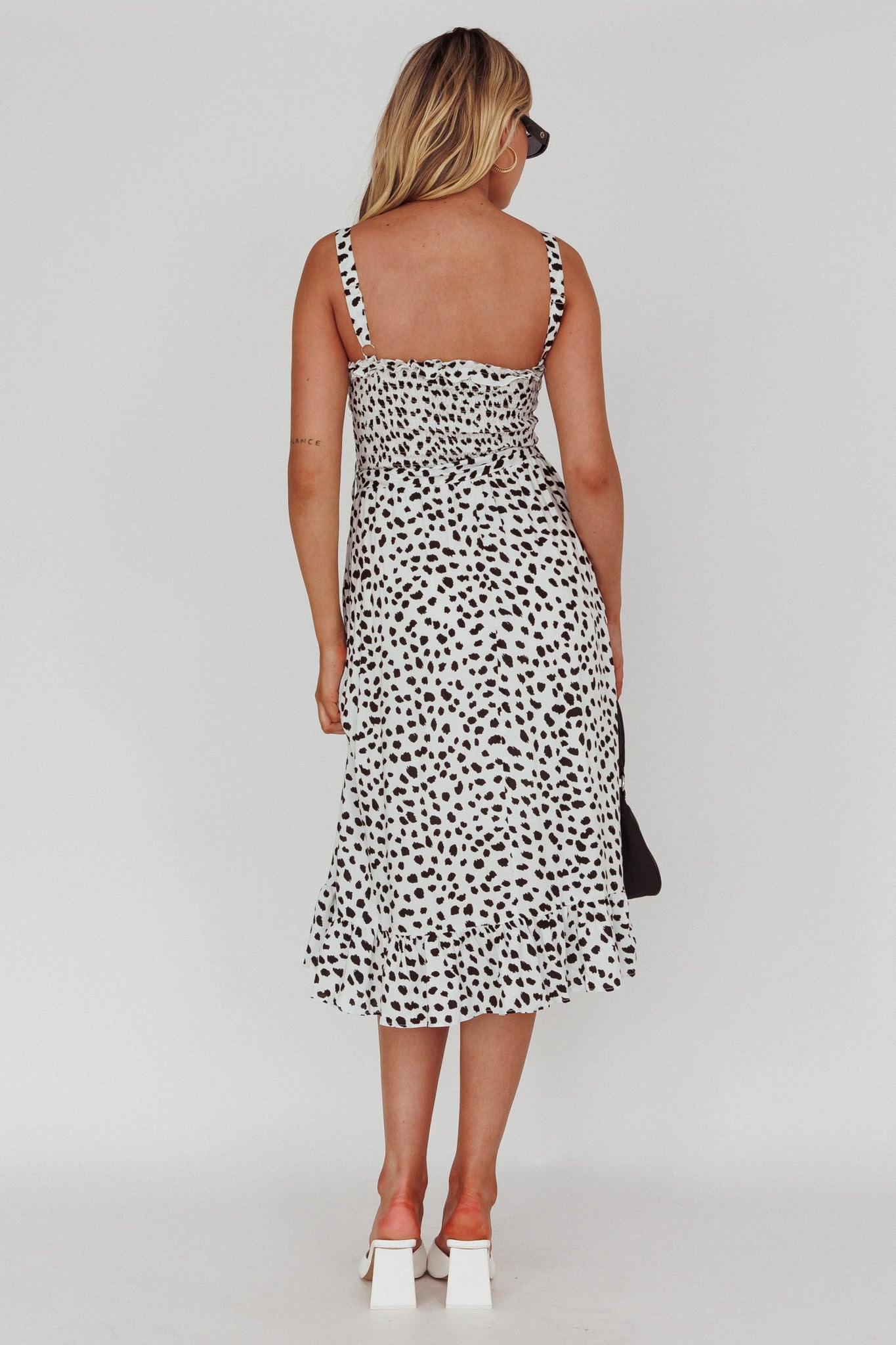 Honey Shirred Frill Midi Dress White/Black by Selfie Leslie Australia
