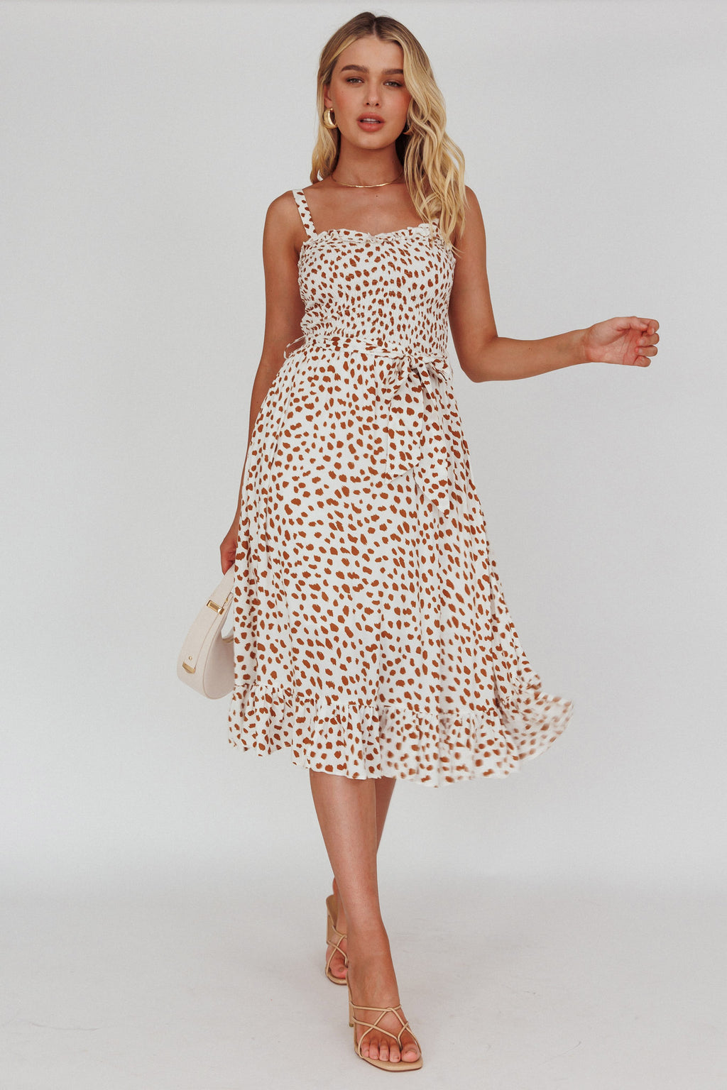 Honey Shirred Frill Midi Dress White/Brown by Selfie Leslie Australia