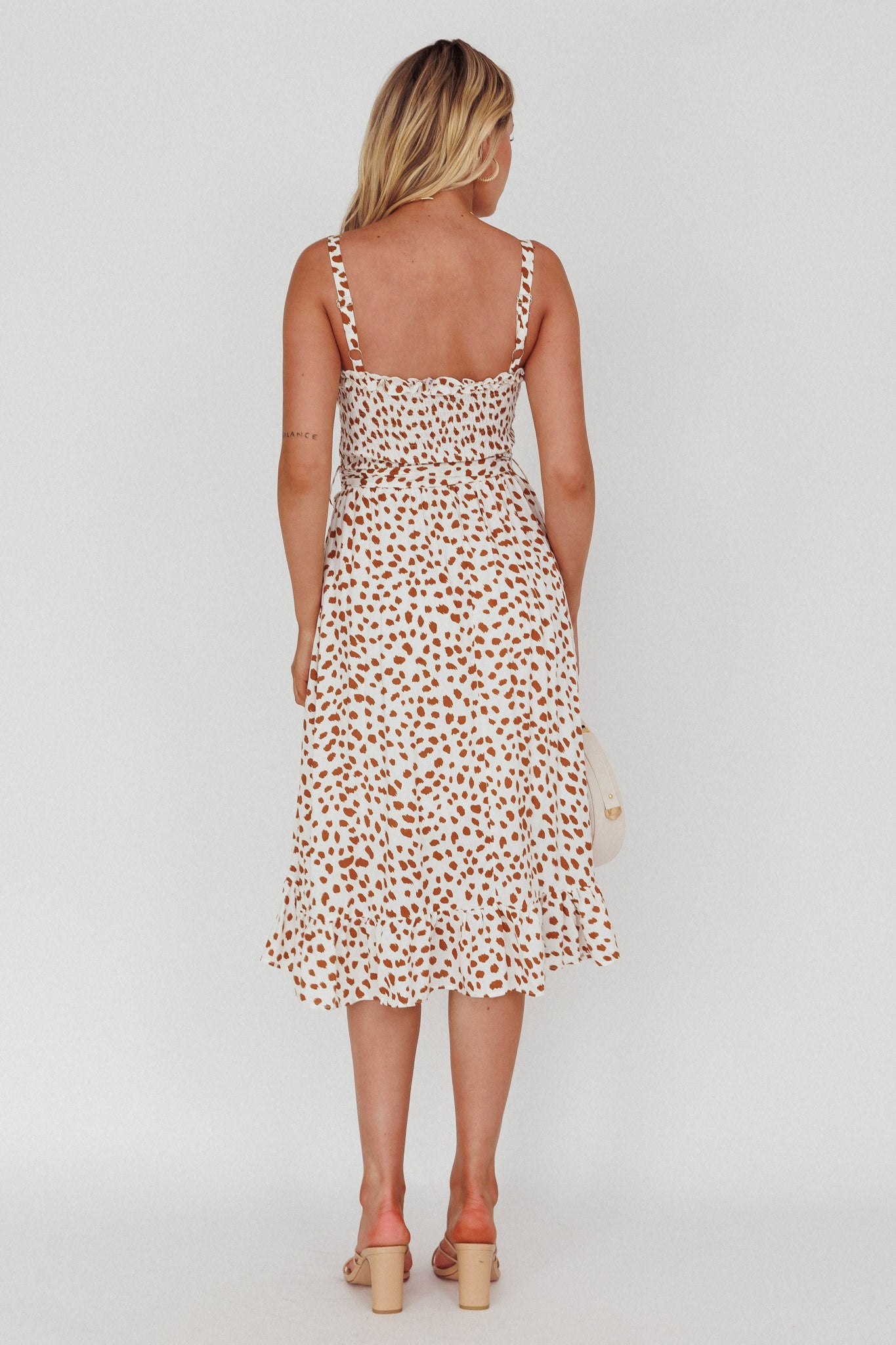 Honey Shirred Frill Midi Dress White/Brown by Selfie Leslie Australia