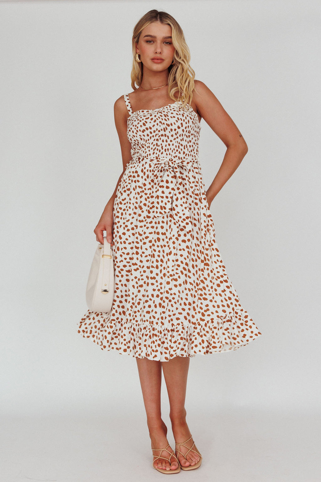 Honey Shirred Frill Midi Dress White/Brown by Selfie Leslie Australia