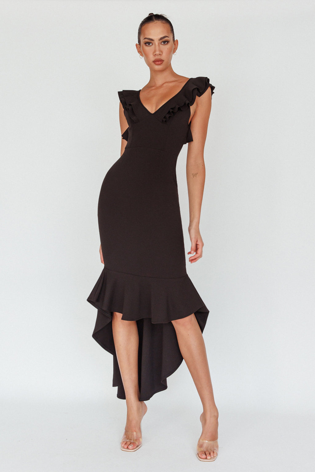 Pearl Ruffle Strap High-Low Hem Dress Black by Selfie Leslie Australia