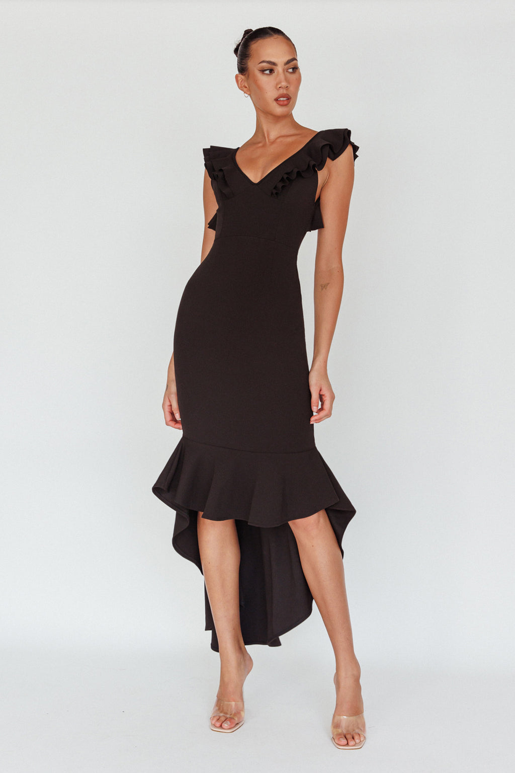 Pearl Ruffle Strap High-Low Hem Dress Black by Selfie Leslie Australia