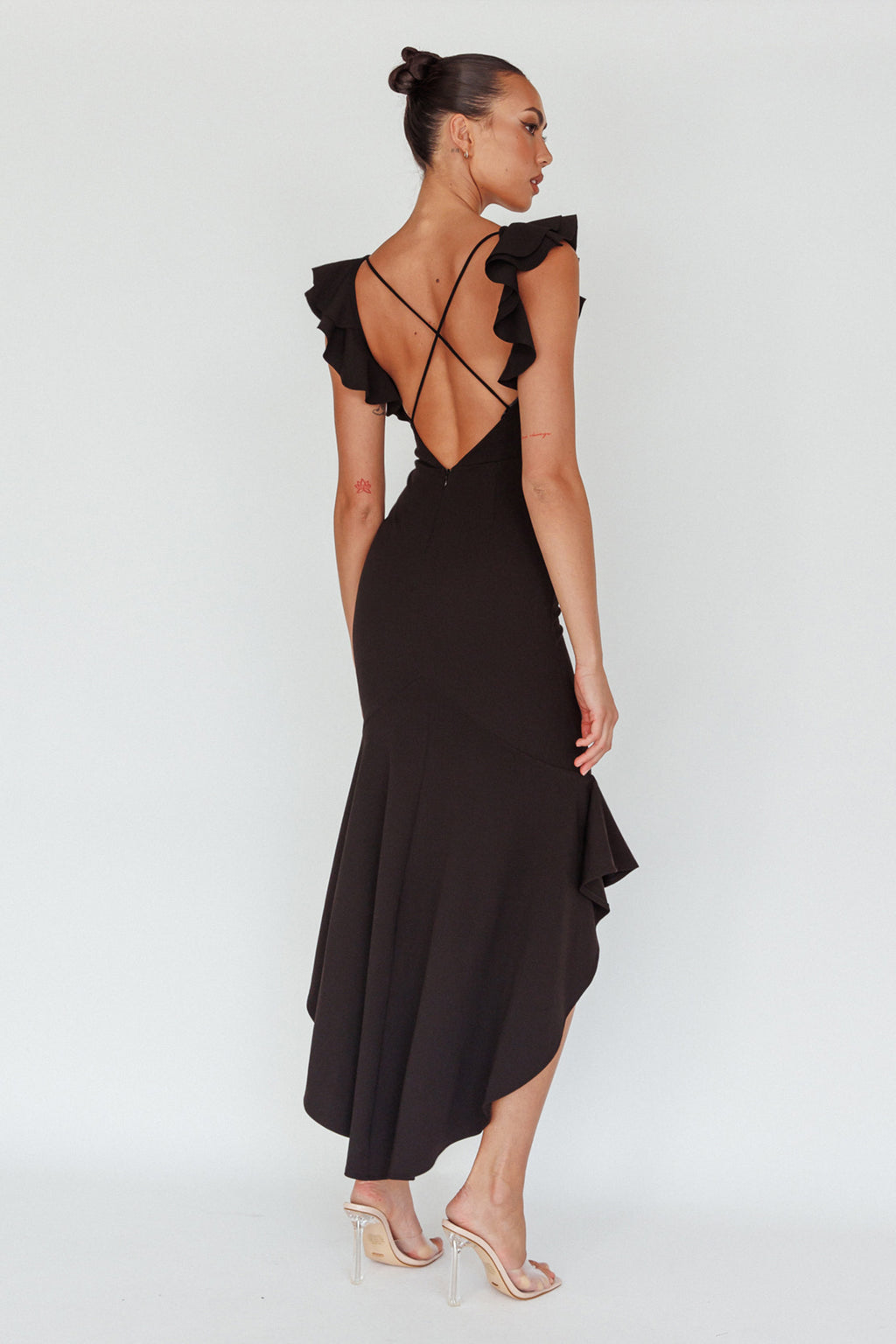 Pearl Ruffle Strap High-Low Hem Dress Black by Selfie Leslie Australia