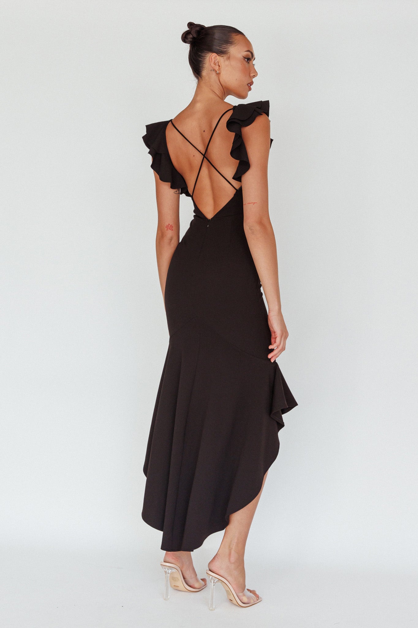 Pearl Ruffle Strap High-Low Hem Dress Black by Selfie Leslie Australia
