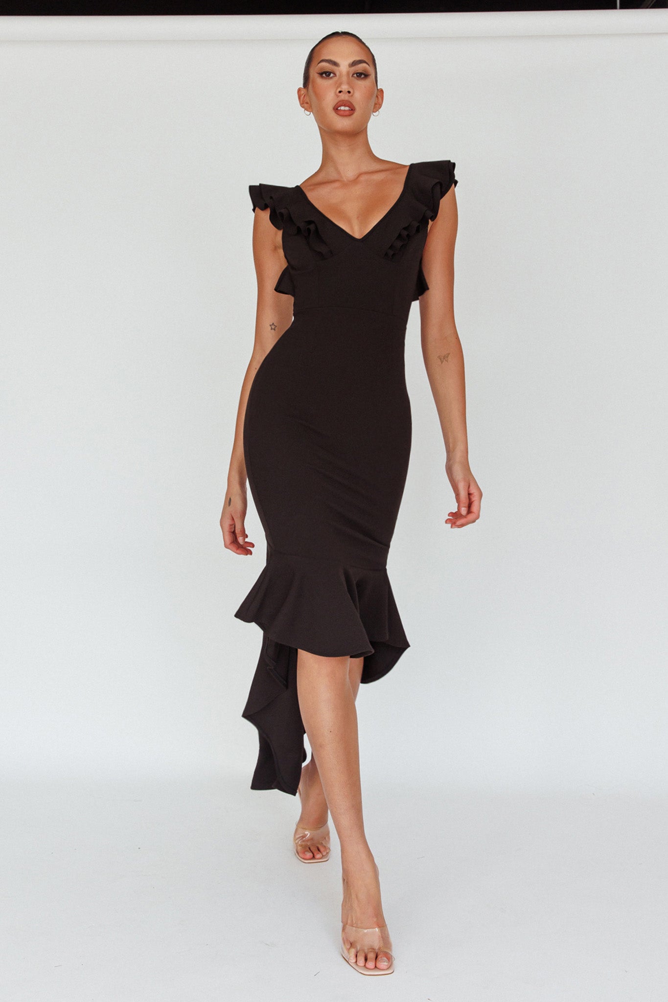 Pearl Ruffle Strap High-Low Hem Dress Black by Selfie Leslie Australia
