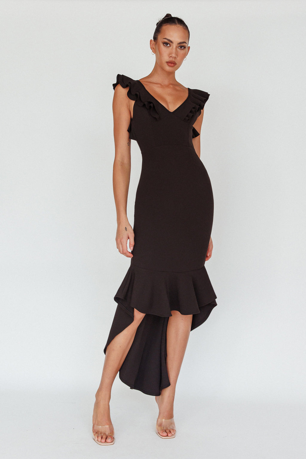 Pearl Ruffle Strap High-Low Hem Dress Black by Selfie Leslie Australia