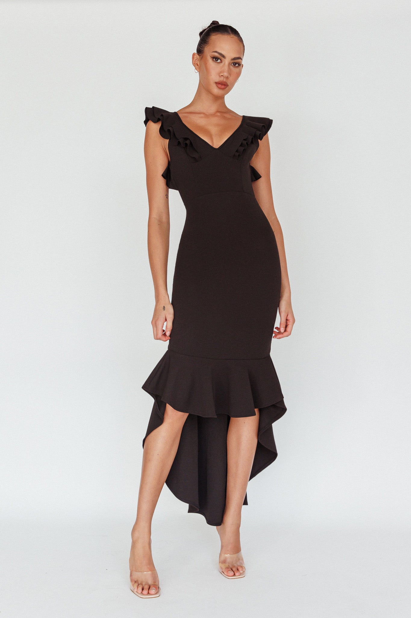 Pearl Ruffle Strap High-Low Hem Dress Black by Selfie Leslie Australia