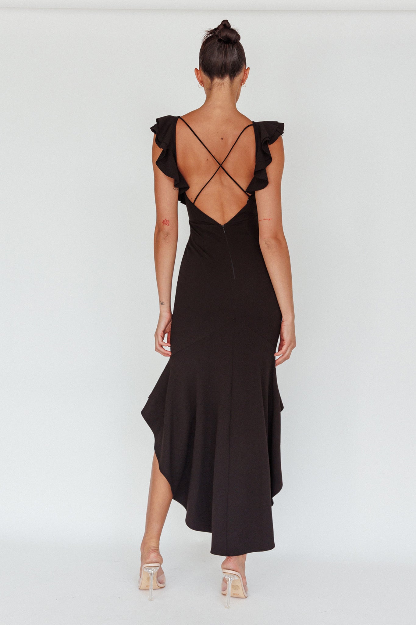 Pearl Ruffle Strap High-Low Hem Dress Black by Selfie Leslie Australia