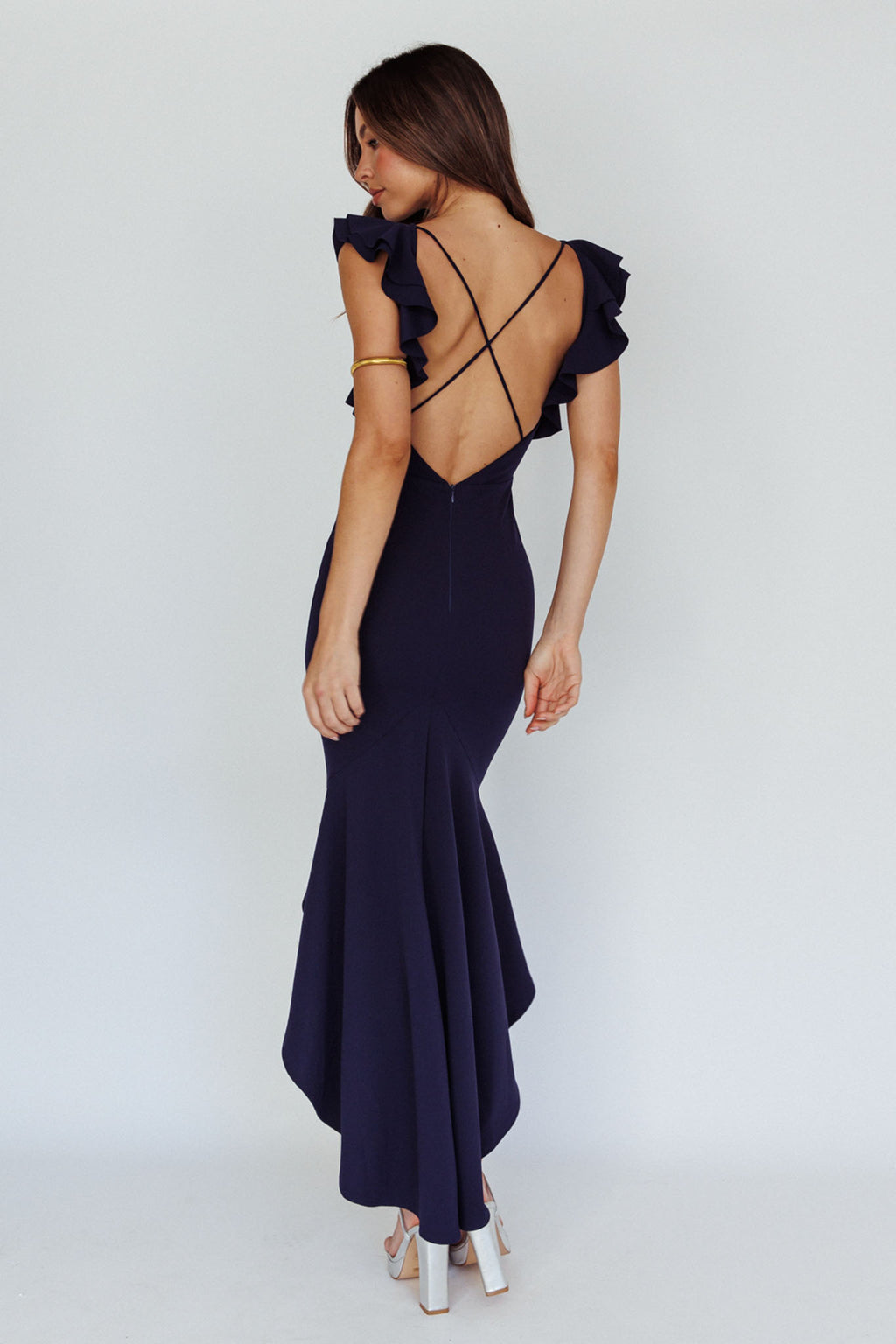 Pearl Ruffle Strap High-Low Hem Dress Navy by Selfie Leslie Australia