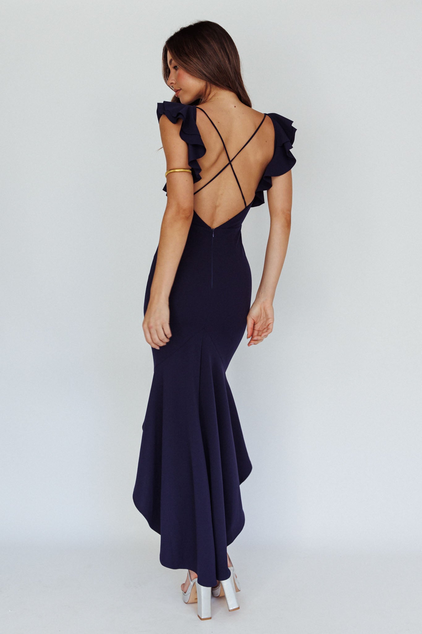 Pearl Ruffle Strap High-Low Hem Dress Navy by Selfie Leslie Australia