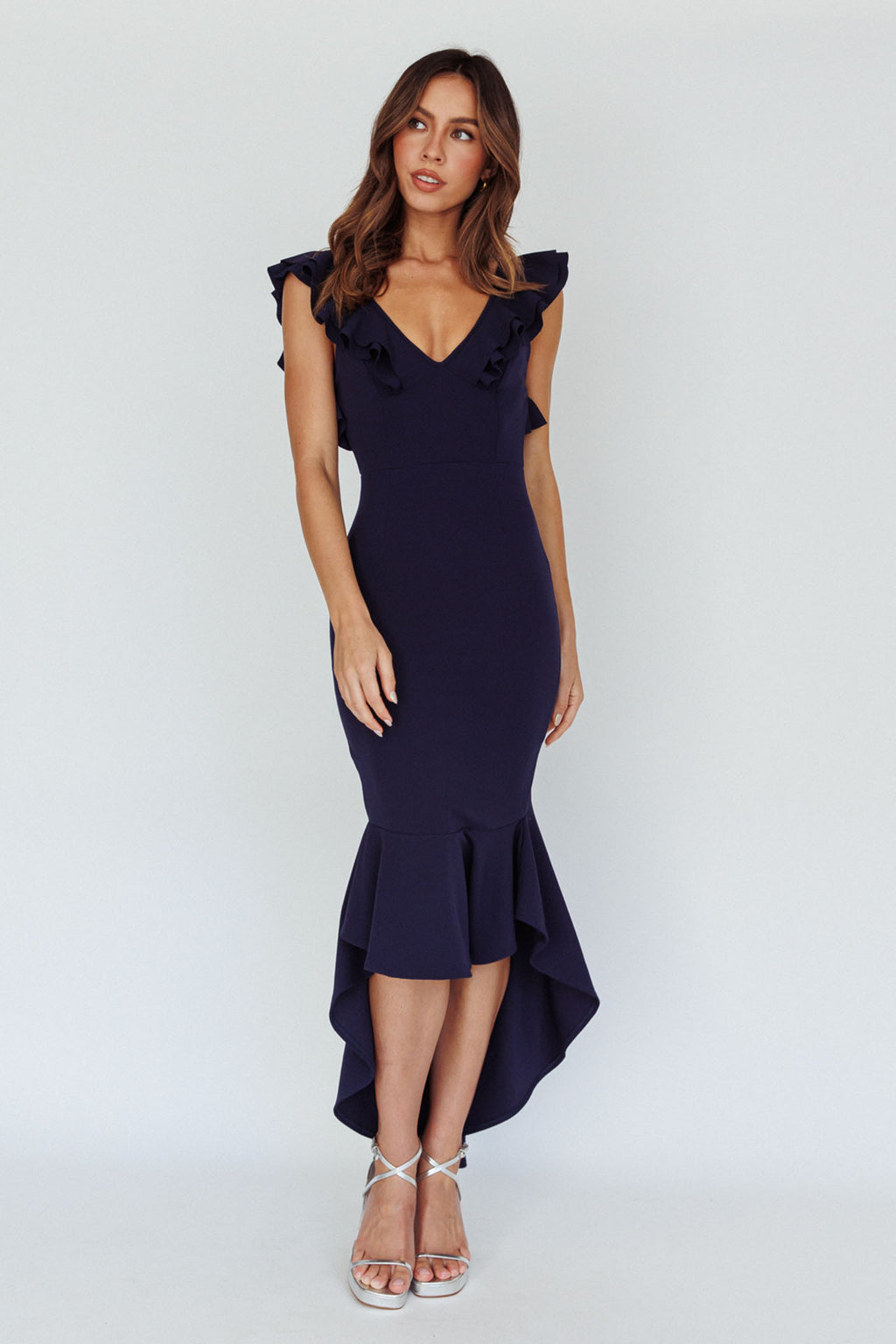 Pearl Ruffle Strap High-Low Hem Dress Navy by Selfie Leslie Australia